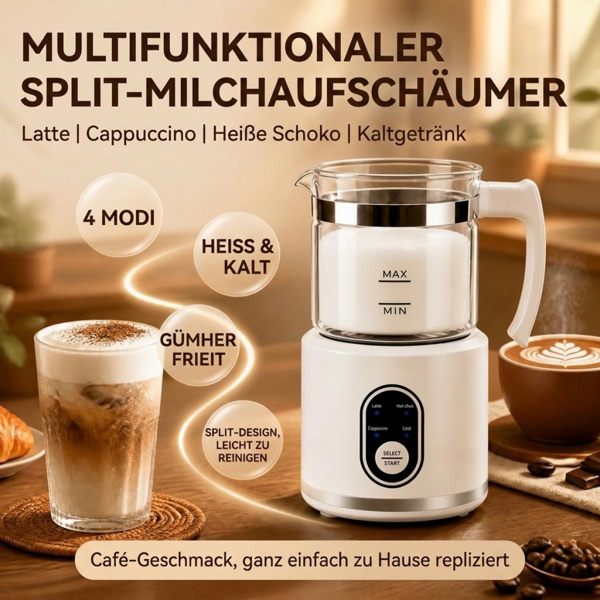 Ein weißer Milchaufschäumer mit Glaskanne auf Holztisch, neben Eiskaffee und Text-Overlays.