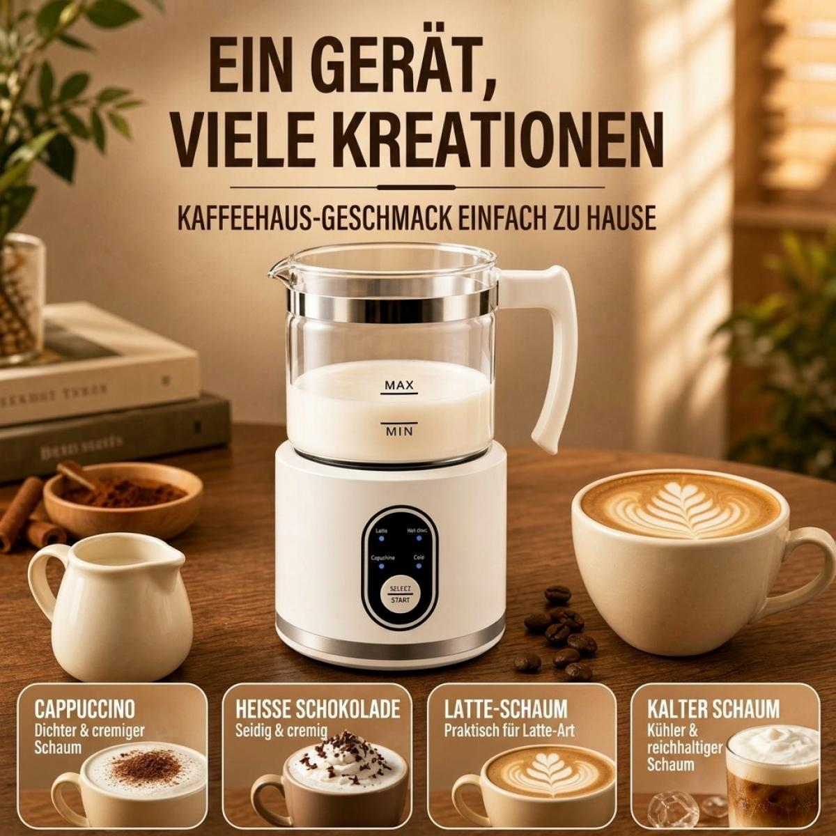 Ein weißer elektrischer Milchaufschäumer auf einem Holztisch, umgeben von Kaffeetassen und German Text oben.