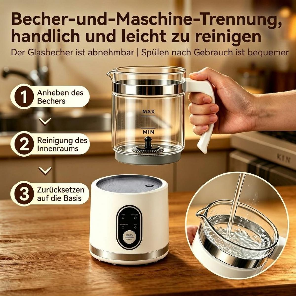 Ein Glasbecher wird von einer Basis abgenommen, gereinigt und wieder aufgesetzt, mit Text und Infografiken.