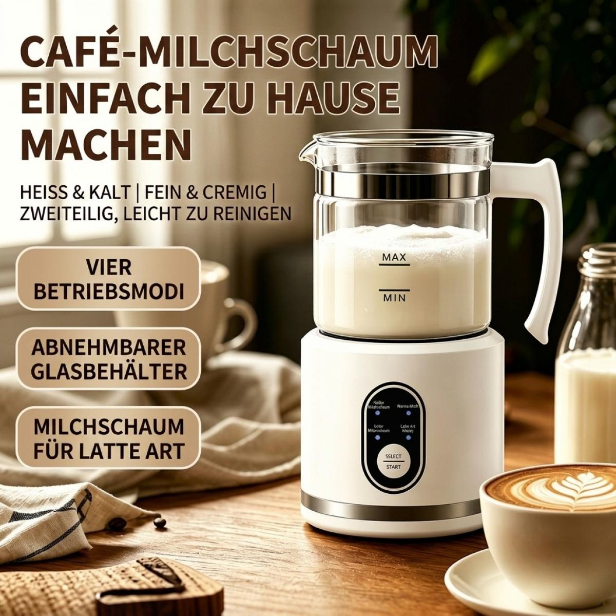 Ein elektrischer Milchaufschäumer mit Glasbehälter steht auf einem Holztisch, daneben eine Tasse Kaffee mit Latte Art.