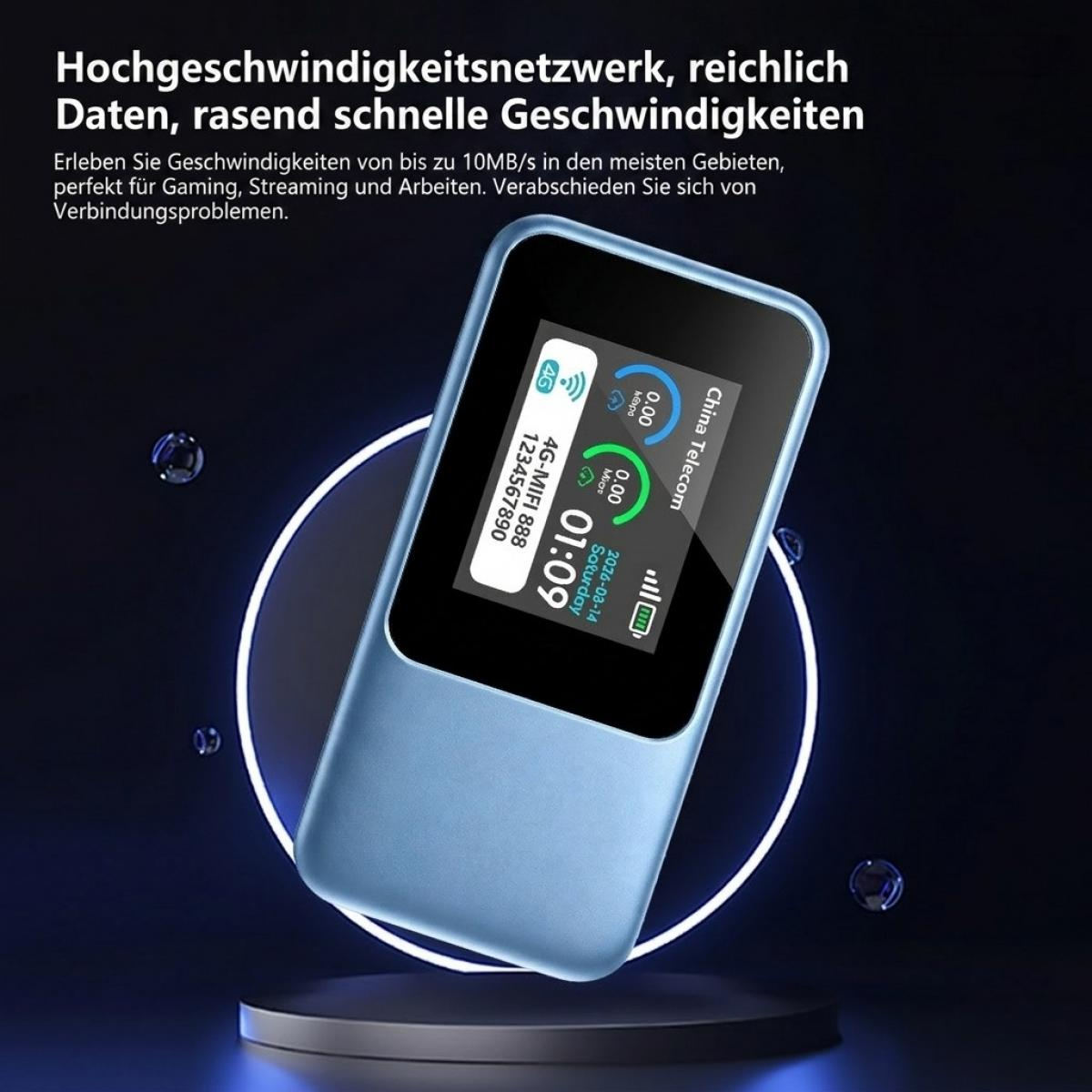 Ein blauer mobiler WLAN-Hotspot steht auf einem Podest mit deutschem Werbetext und Wassertropfen.