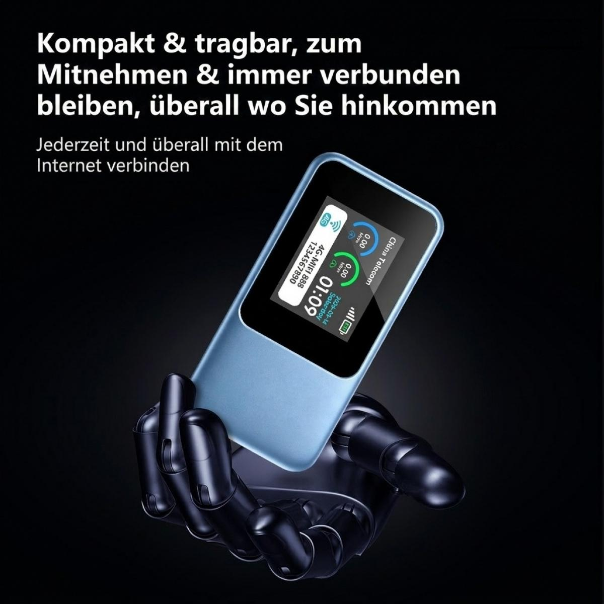 Eine metallische Roboterhand hält einen kompakten blauen tragbaren 4G Wi-Fi-Router vor dunklem Hintergrund.