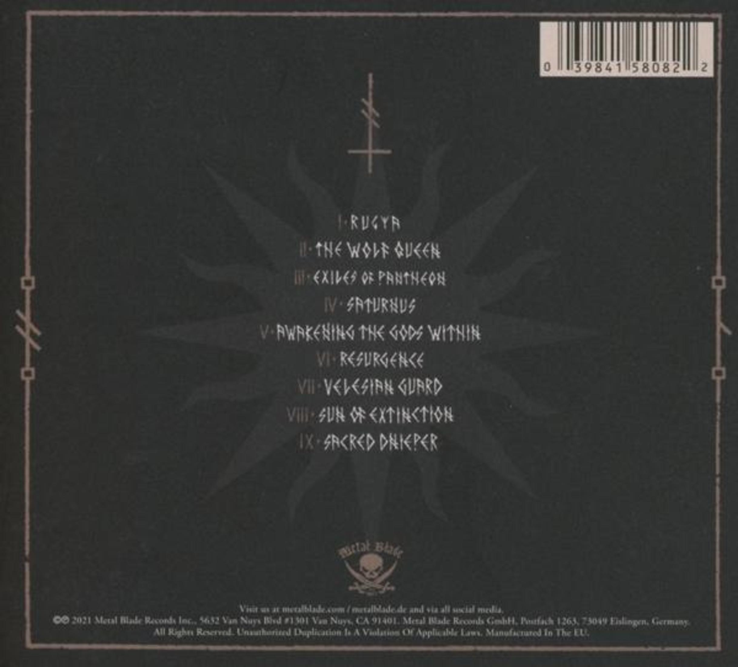 Dunkles CD-Backcover mit Trackliste, finsterem Sonnen-Symbol, Strichcode oben rechts und Firmenlogos.