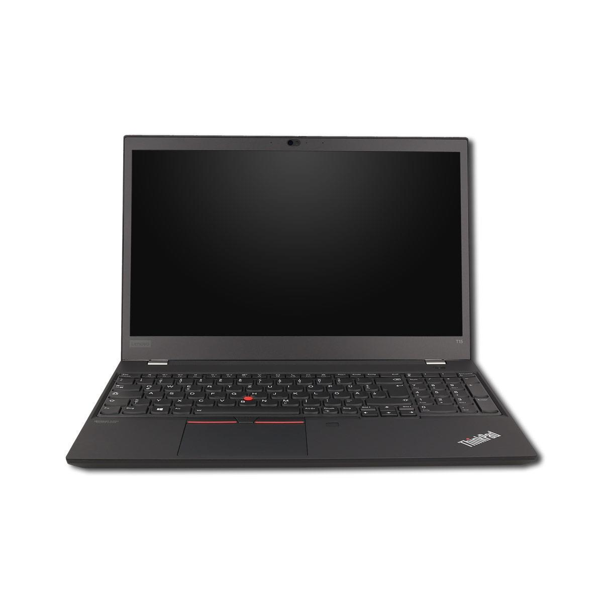 Ein offener schwarzer Lenovo ThinkPad Laptop mit schwarzem Bildschirm steht auf weißem Hintergrund.