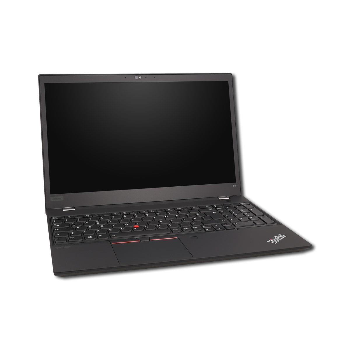 Ein schwarzer Lenovo-Laptop mit offener Bildschirmklappe steht auf weißem Hintergrund.
