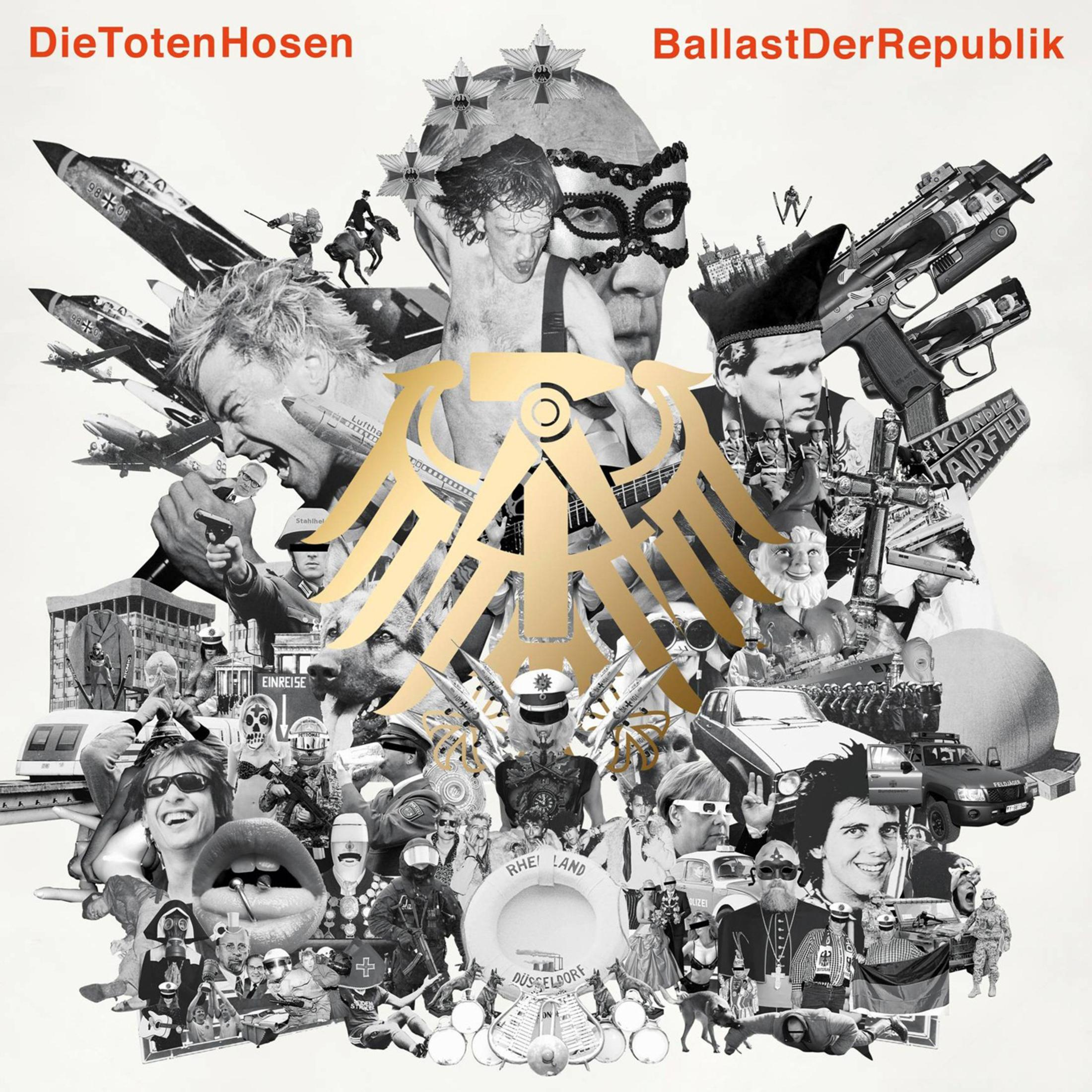Eine schwarz-weiße Collage mit Militär, Politik und Popkultur, überlagert von einem goldenen Adler.
