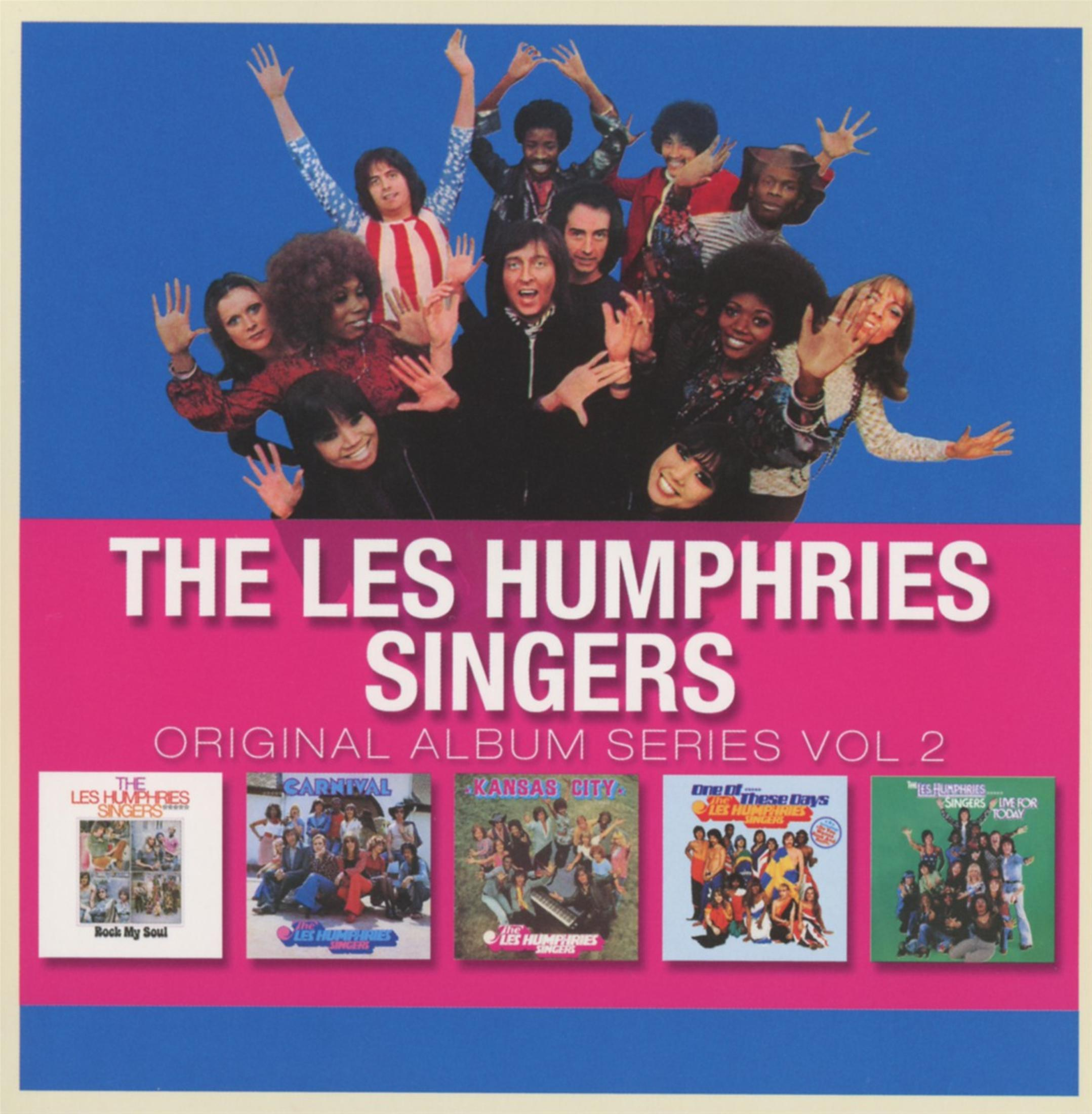 Albumcover von The Les Humphries Singers mit Bandmitgliedern und fünf Mini-Albencovers.