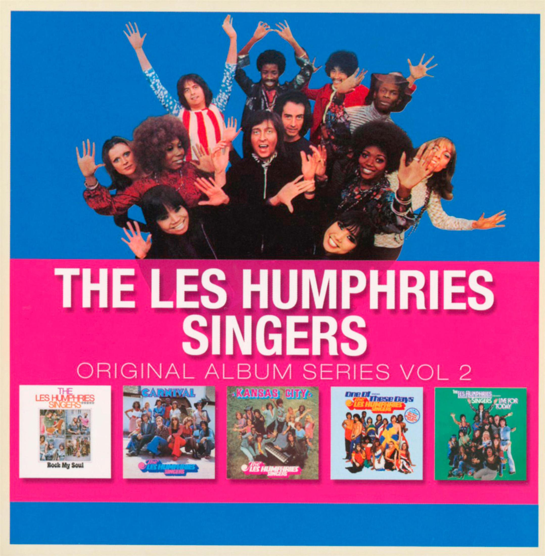 Albumcover der Les Humphries Singers mit Gruppenfoto und fünf kleineren Albumbildern auf pinkem und blauem Grund.
