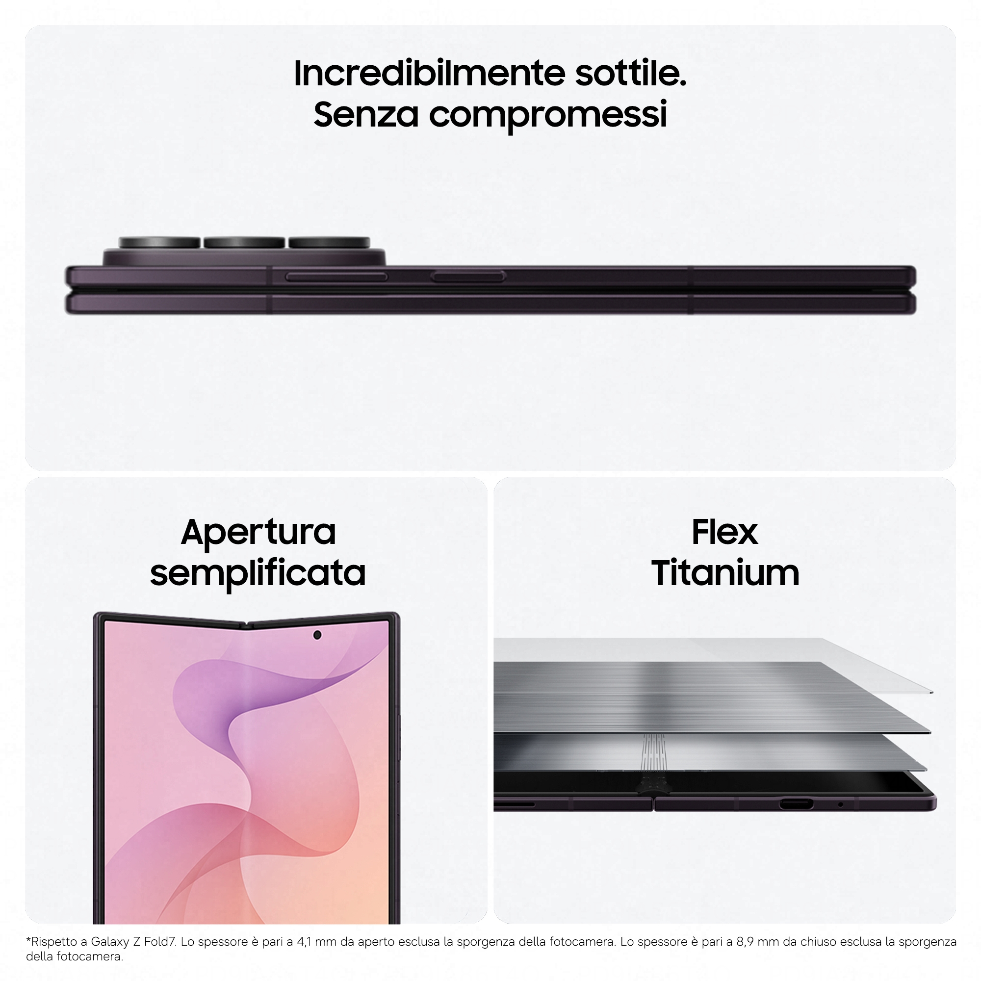 Drei Produktbilder zeigen ein schmales, faltbares Smartphone, dessen Display und Flex-Titan-Scharnier sichtbar sind.