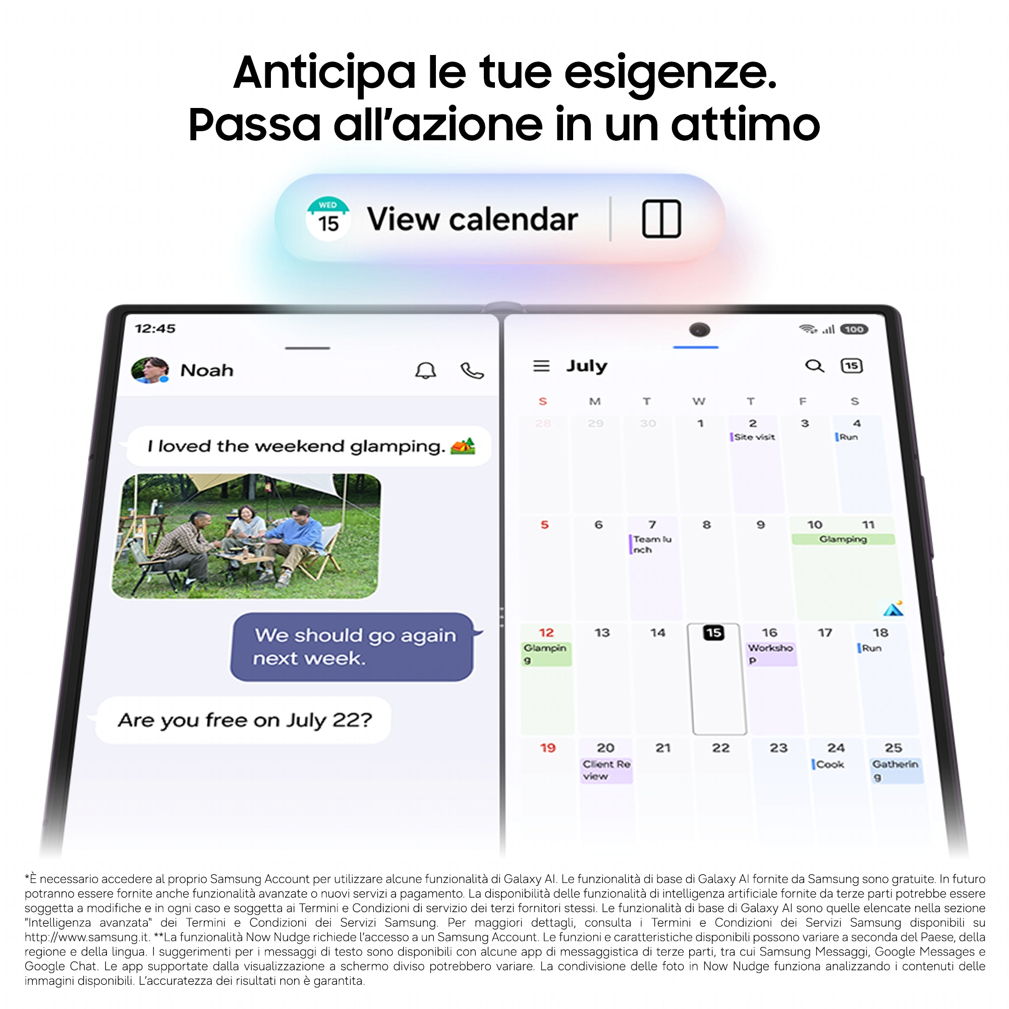 Ein Smartphone zeigt gesplitteten Bildschirm mit Chat und Kalender, oben italienischer Text.