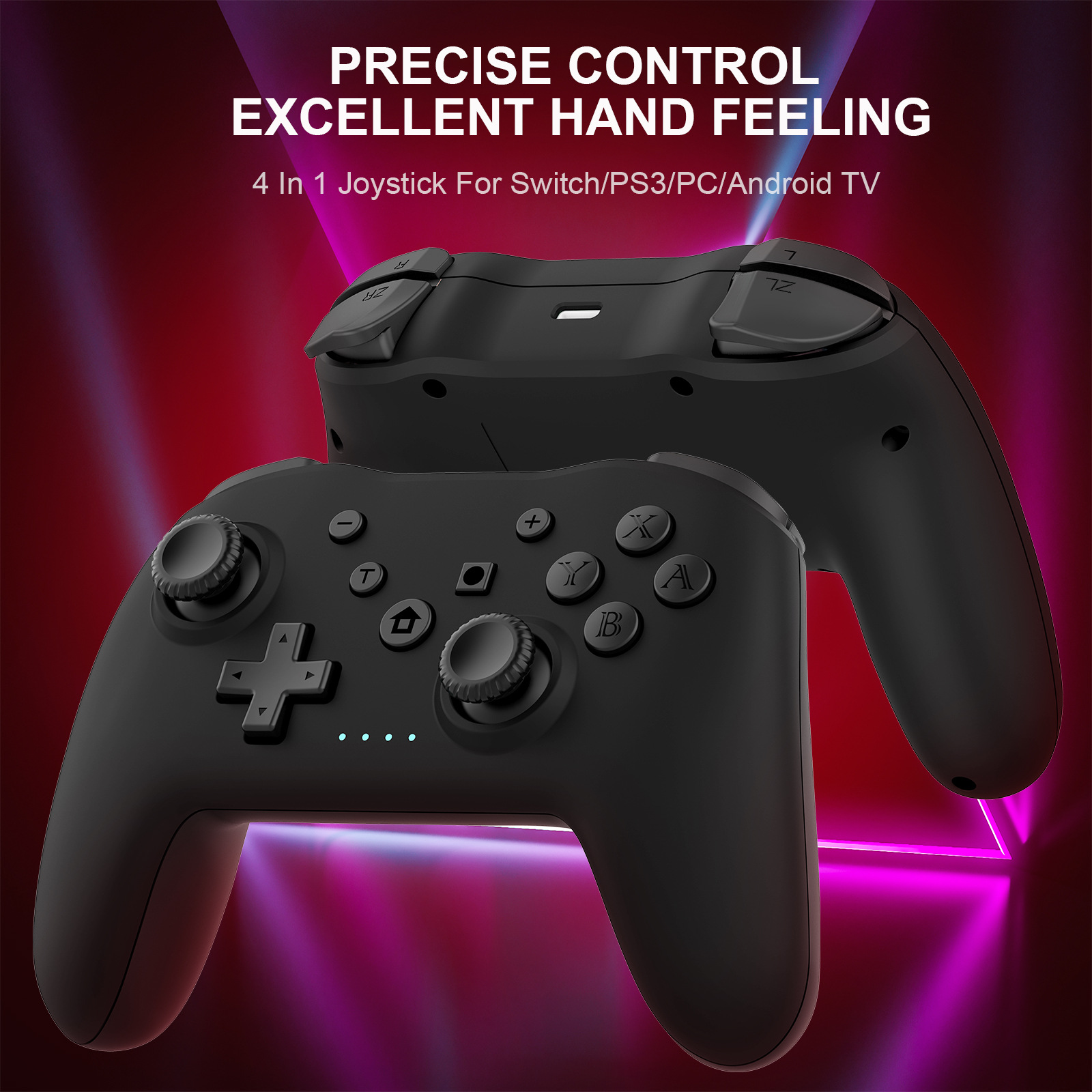 Zwei schwarze Gamecontroller mit Tasten und Joysticks vor einem roten Hintergrund mit pinken Lichtern.