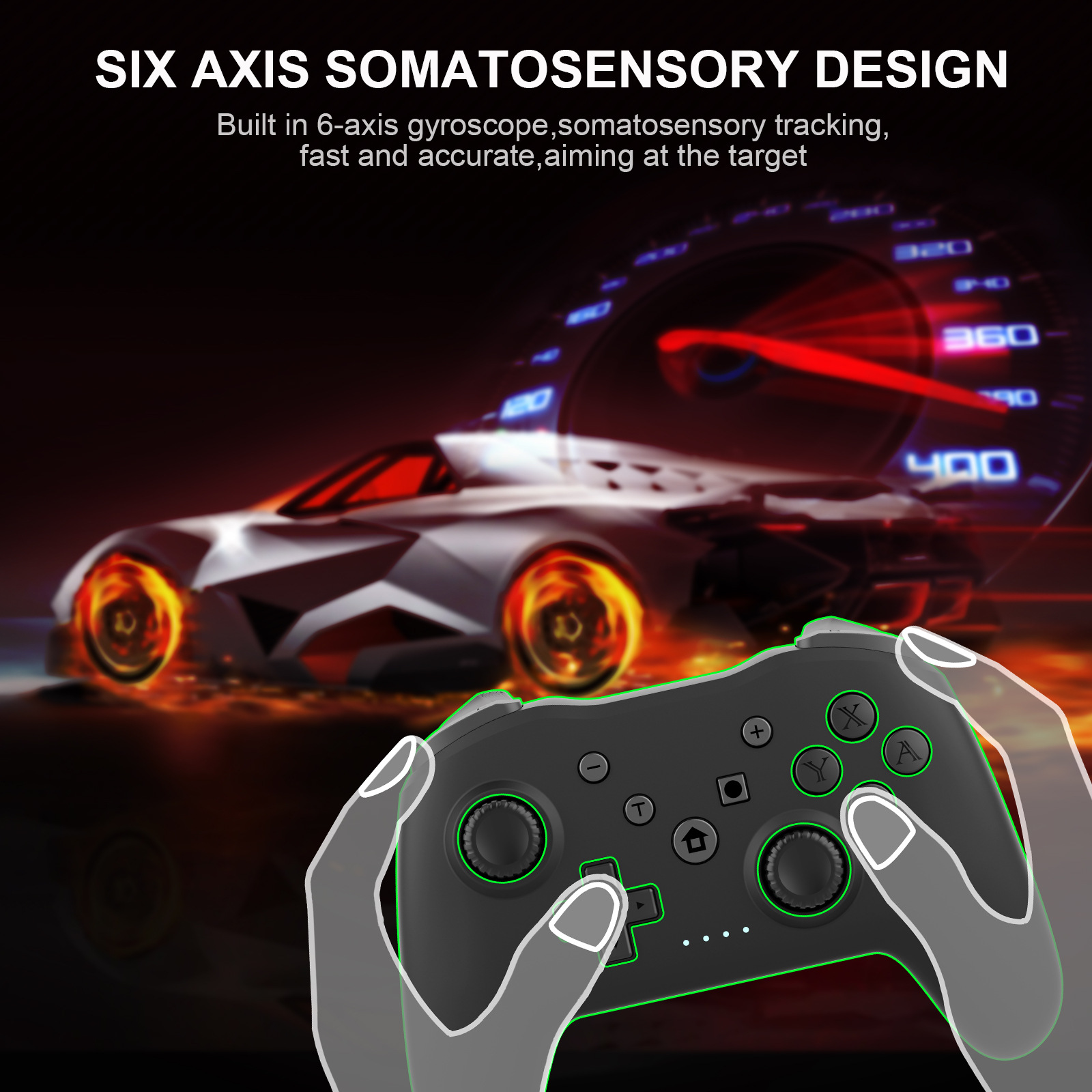 Gamepad mit Sechs-Achsen-Gyroskop vor einem Rennauto und Tacho, Text lautet Sechs-Achsen-Somatosensorik-Design.