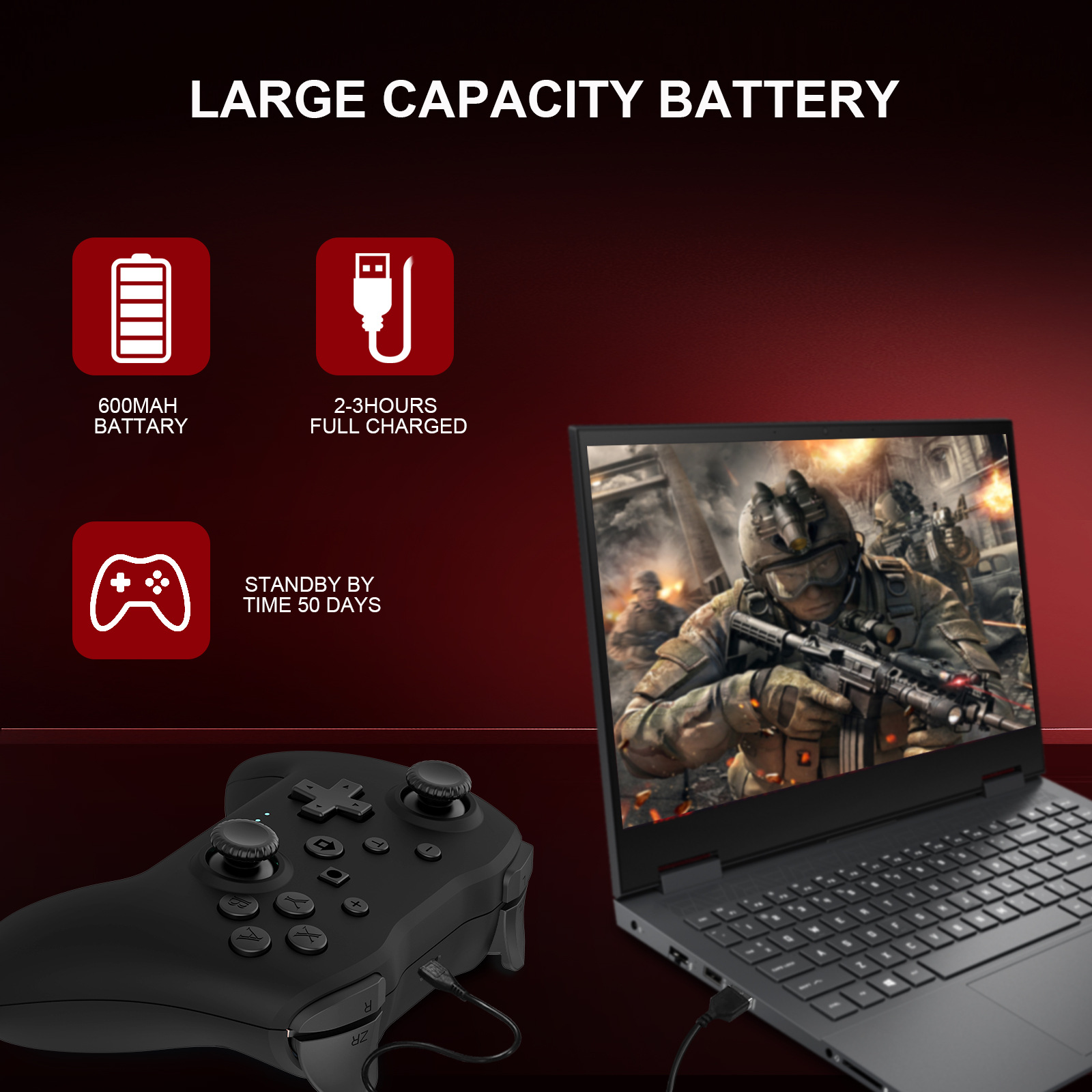 Laptop und Controller vor dunklem Hintergrund zeigen Akku- und Ladeinfos.