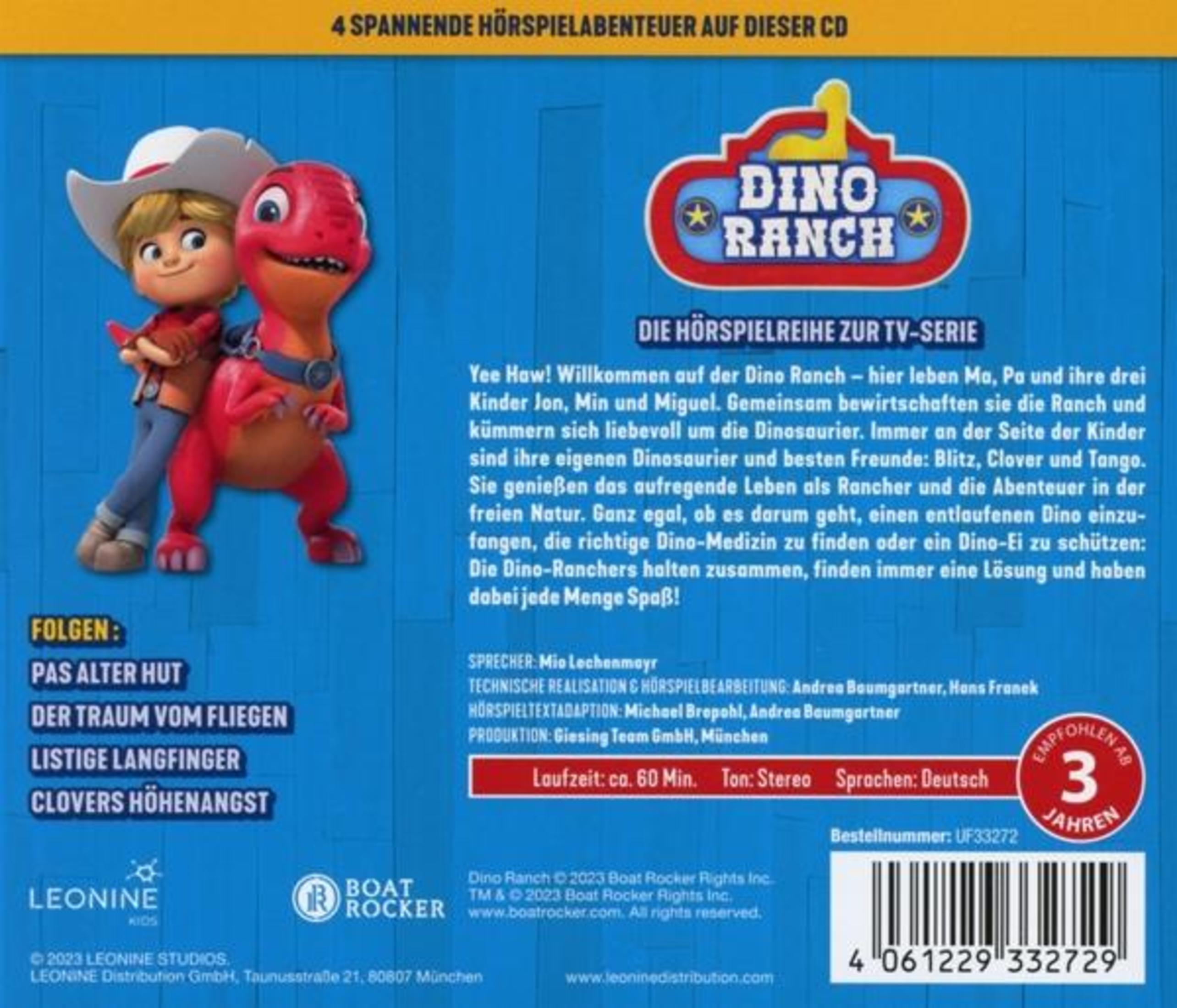 CD-Rückseite von Dino Ranch mit Cowboykind und rotem Dino, dazu Text und Barcode auf blauem Hintergrund.