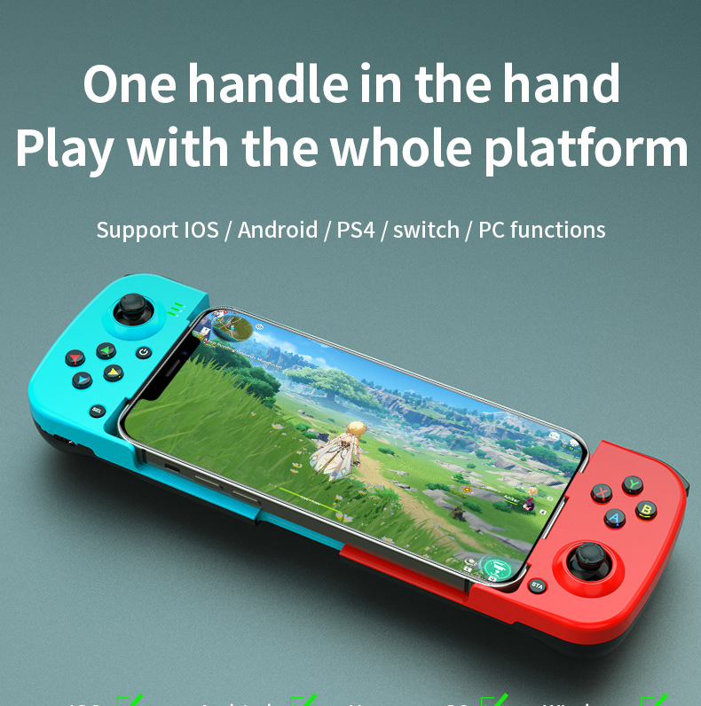 Ein Smartphone ist in einem blau-roten Gamepad befestigt, mit Text und Gaming-Szene auf dem Bildschirm.