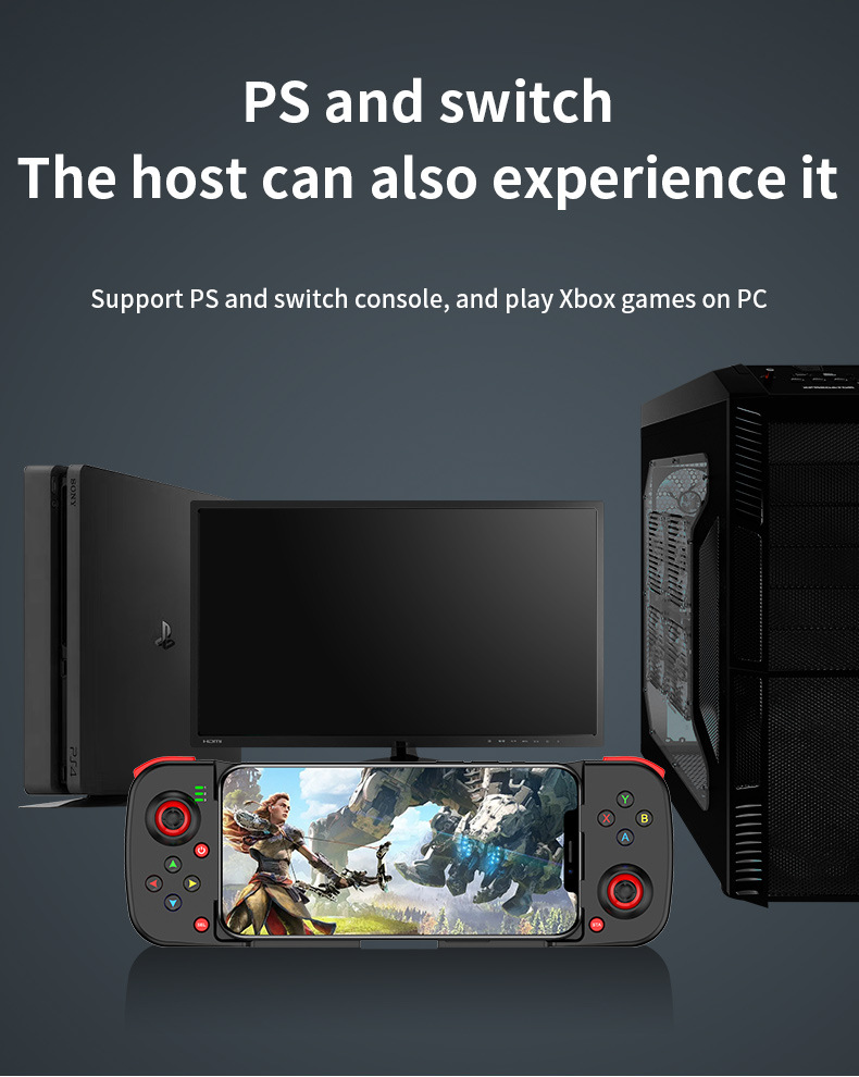 Ein Smartphone mit mobilem Controller davor, eingerahmt von Konsole, Bildschirm und PC.