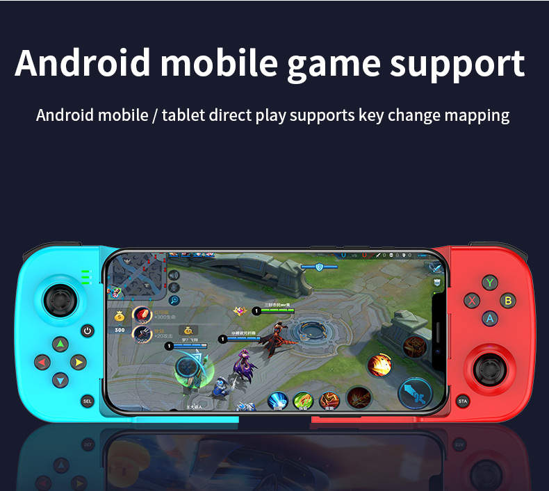Smartphone im roten und blauen Gamecontroller mit Spiel auf dem Bildschirm.