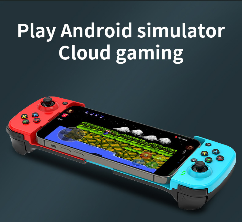 Smartphone in einem roten und blauen Controller mit Text oben.