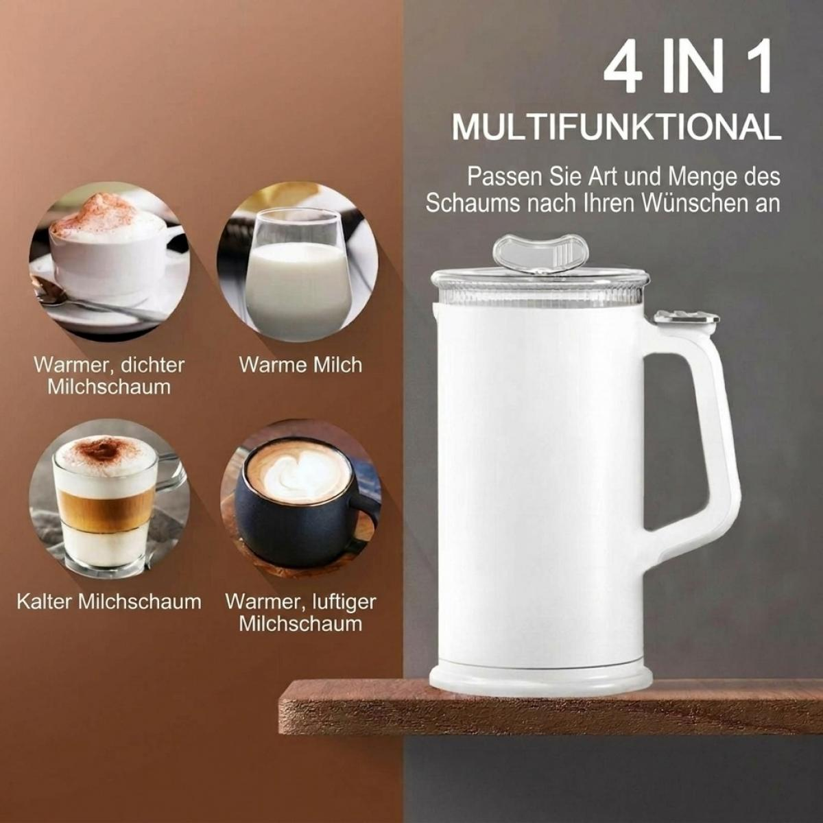 Ein weißer Multifunktions-Milchaufschäumer steht auf einem Holzregal, umgeben von vier Bildern verschiedener Milchzubereitungen.