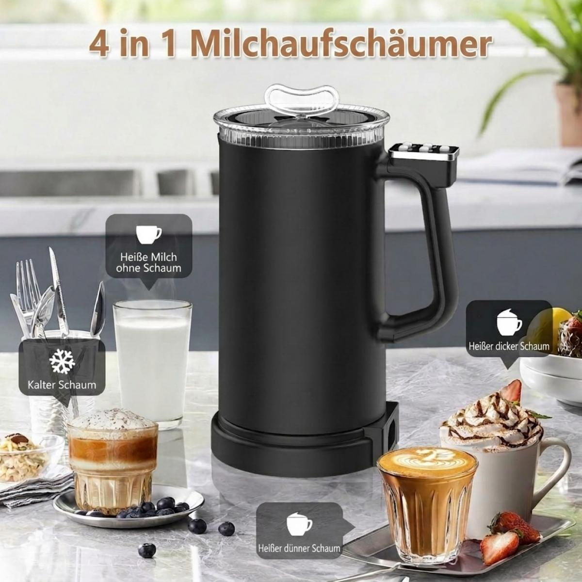 Ein schwarzer elektrischer Milchaufschäumer auf einer Küchenarbeitsplatte, umgeben von Kaffeegetränken und Beeren.