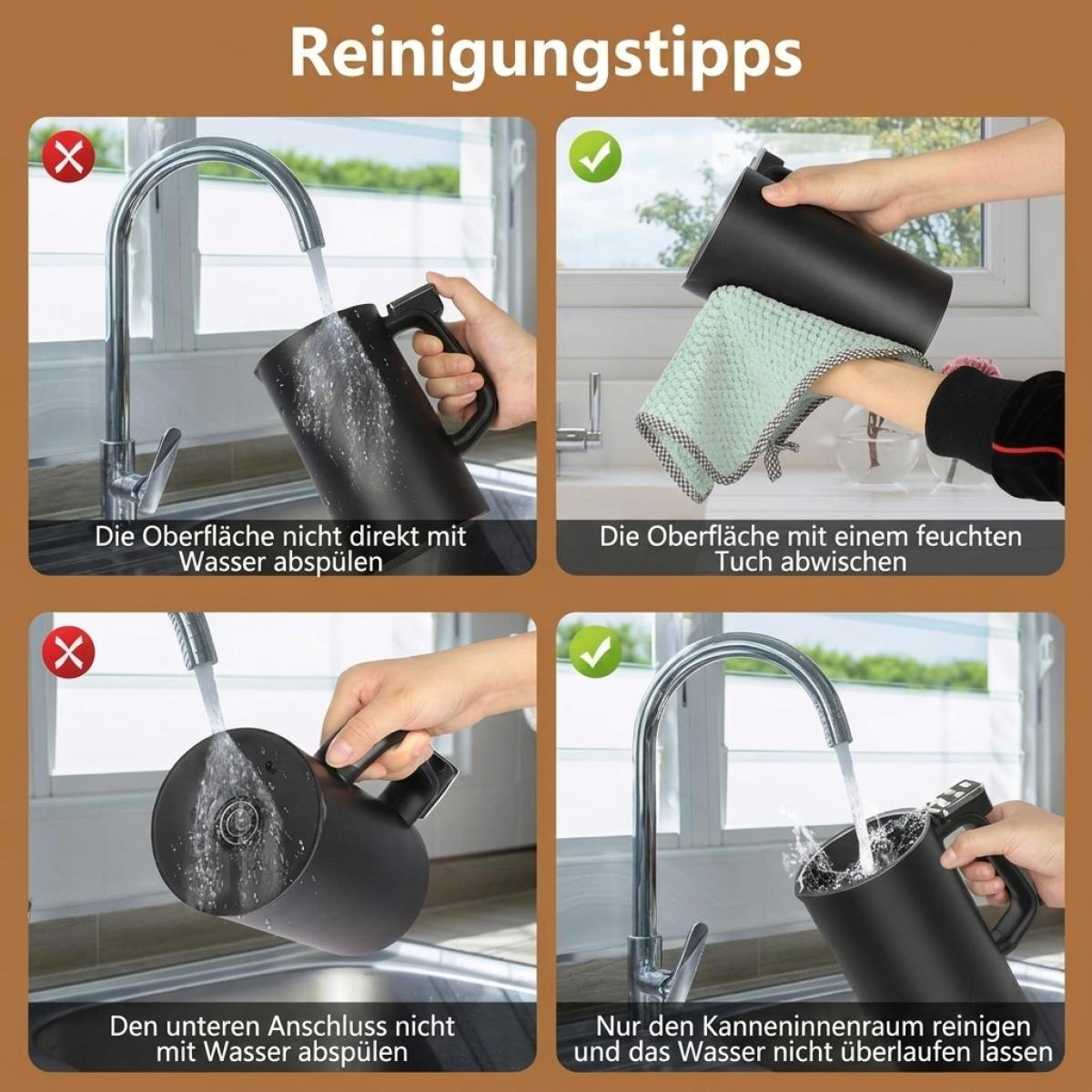 Vier Bilder zeigen Reinigungsanweisungen für eine schwarze Kaffeekanne mit richtigem und falschem Umgang.
