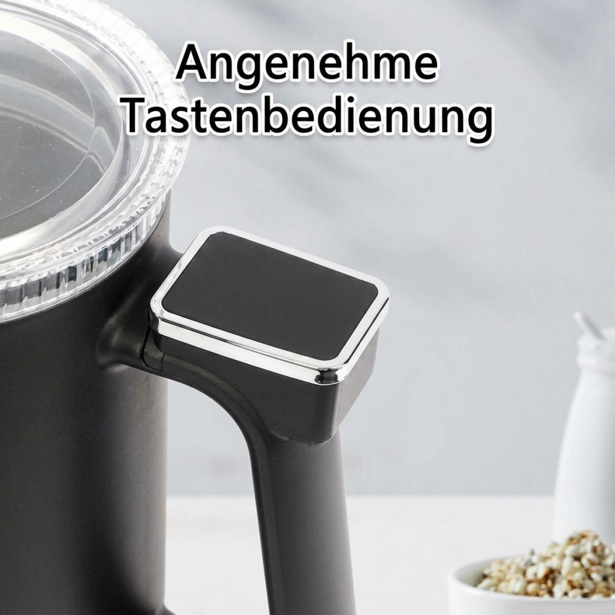 Nahaufnahme des Griffs eines schwarzen Milchaufschäumers mit der Aufschrift Angenehme Tastenbedienung.