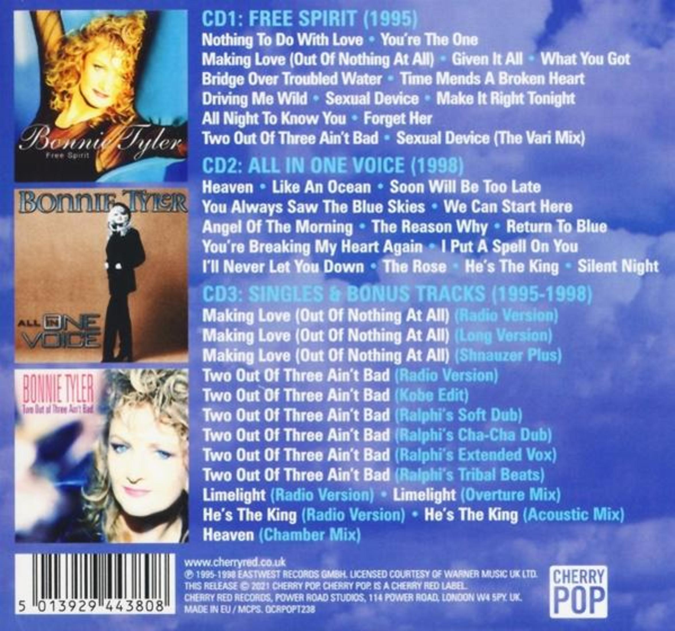 Rückseite einer Bonnie Tyler CD-Box mit drei CDs, Titellisten, Bildern und Strichcode.