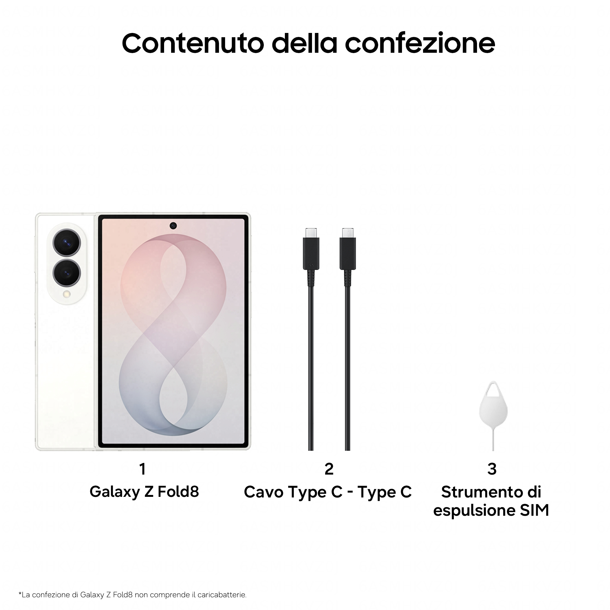 Paketinhalt mit einem Galaxy Z Fold8, einem USB-C-Kabel und einem SIM-Werkzeug.