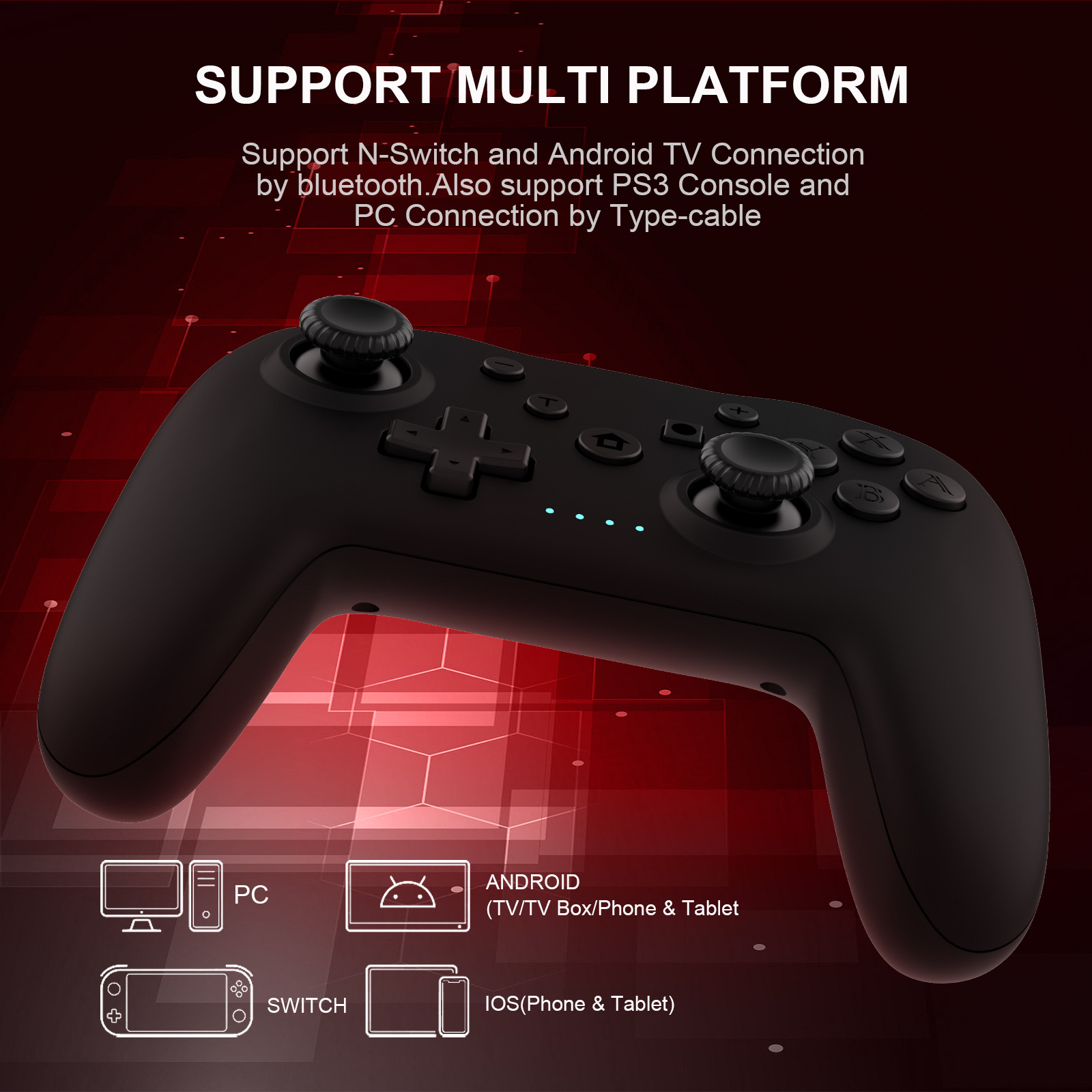 Ein schwarzer Gamecontroller vor rotem Hintergrund mit Text über Multi-Plattform-Unterstützung.