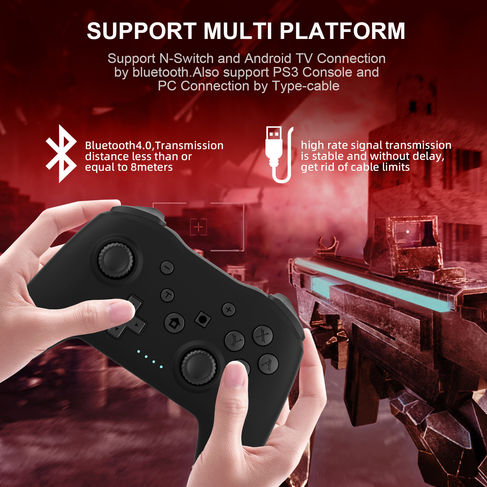 Ein schwarzer Gamecontroller in Händen vor rotem Gaming-Hintergrund mit Text über Multi-Plattform-Unterstützung.