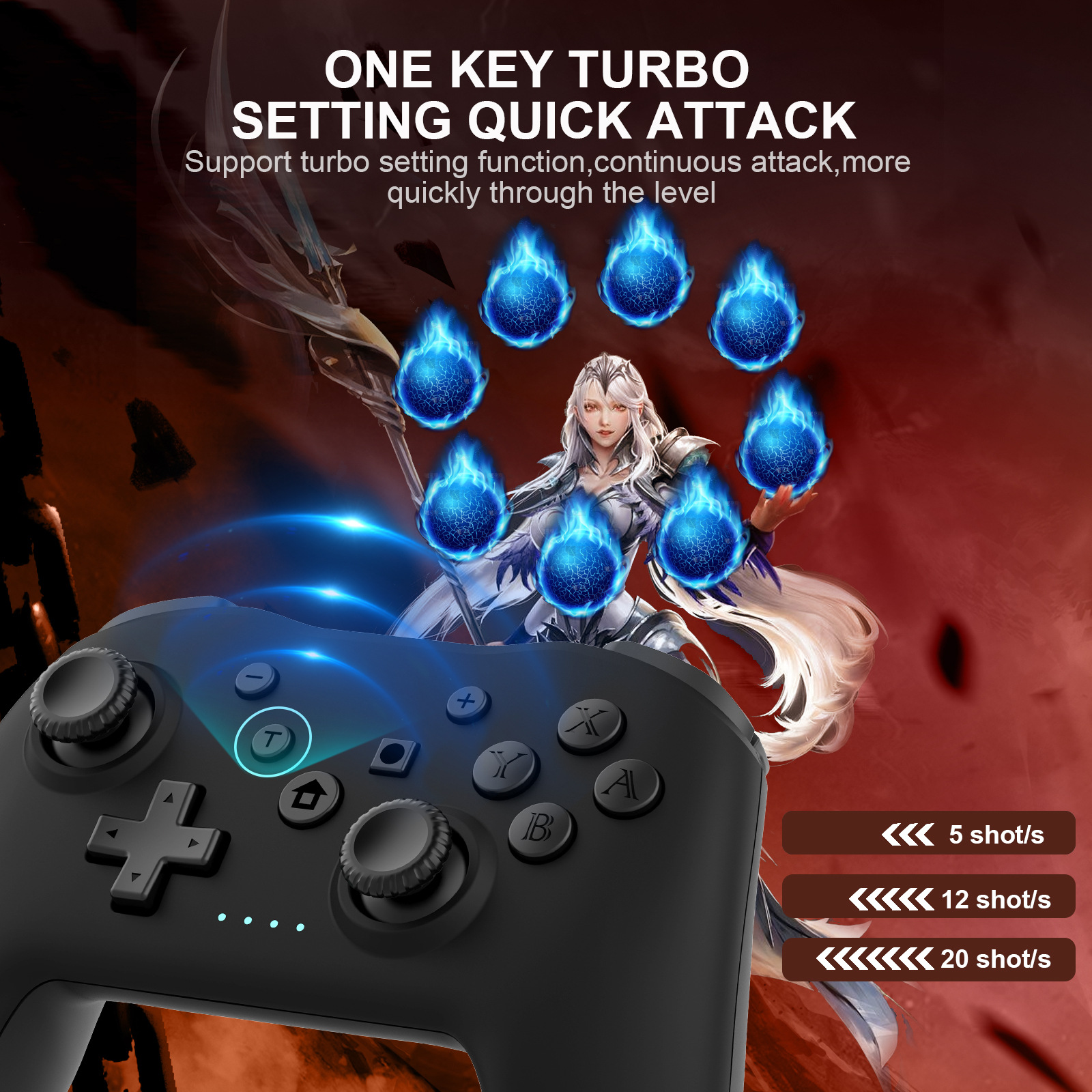 Ein schwarzer Gamecontroller im Vordergrund und ein Fantasy-Charakter im Hintergrund, umgeben von blauen Feuerbällen.