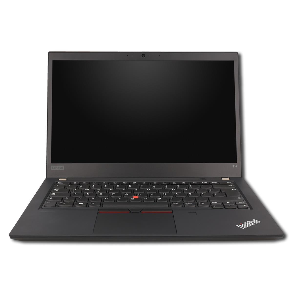 Ein offener schwarzer Lenovo ThinkPad T14 Laptop auf weißem Hintergrund mit beleuchteter Tastatur.