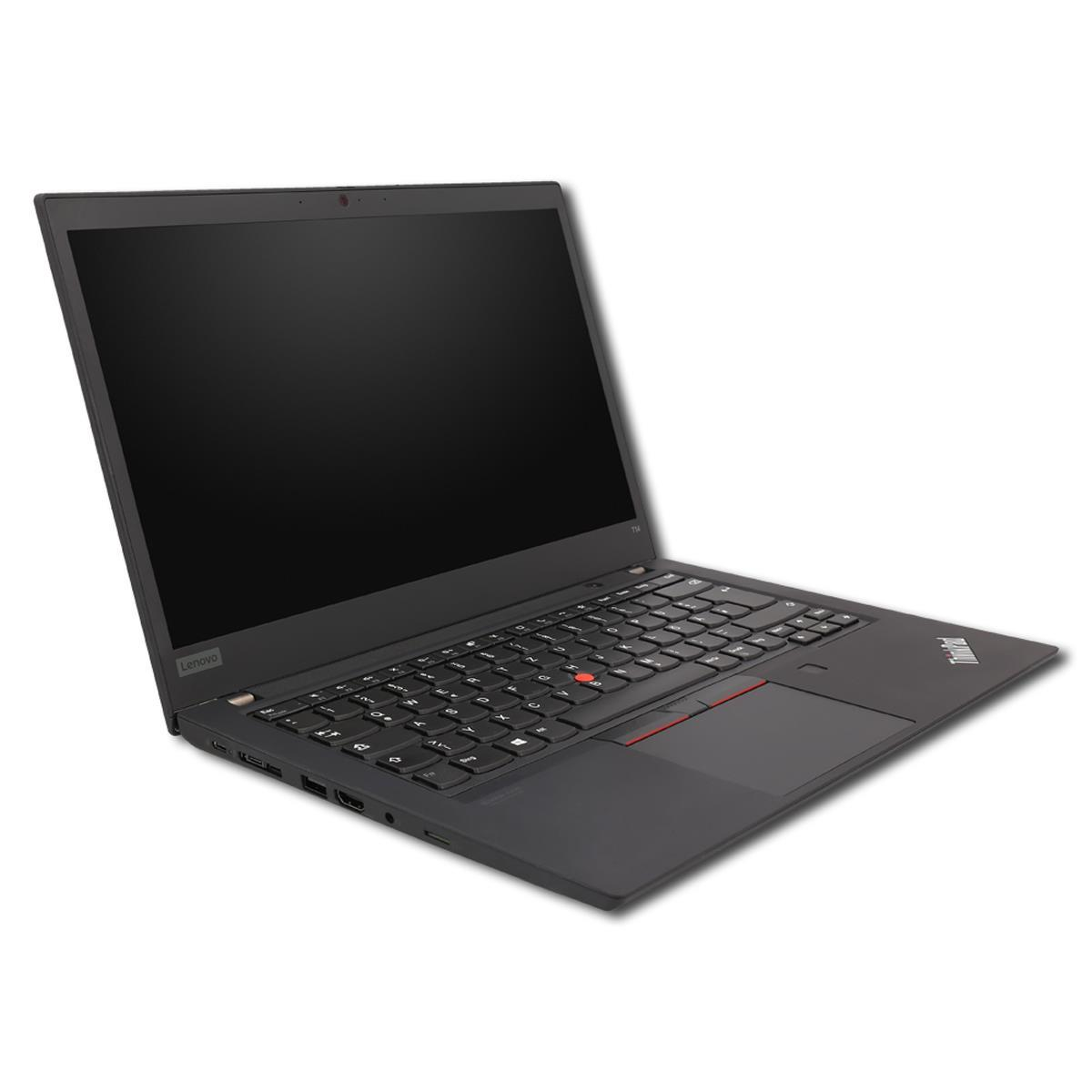 Ein offener schwarzer Lenovo Laptop mit beleuchteter Tastatur steht auf weißem Hintergrund.
