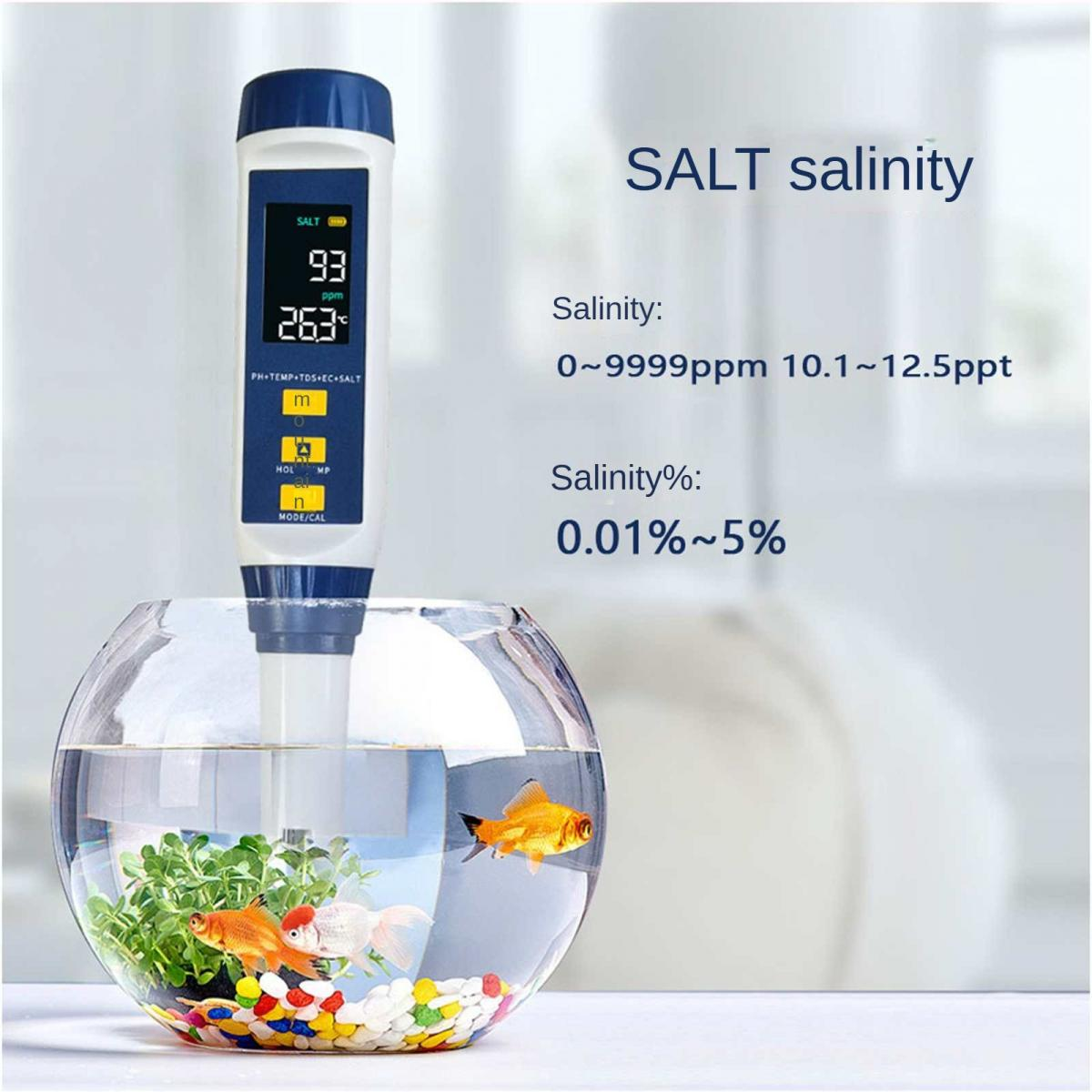 Ein digitales Salzgehaltmessgerät steckt in einem kleinen runden Fischglas mit zwei Goldfischen und bunten Kieselsteinen.