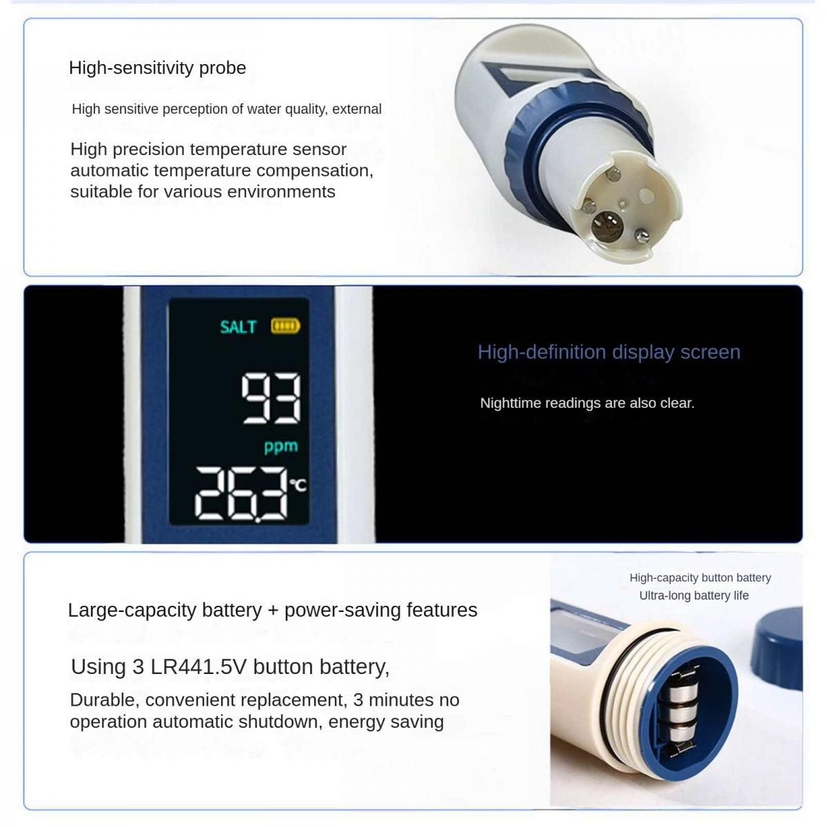 Digitale Wasserqualitätstester-Details mit Sonde, Display und Batteriefach.