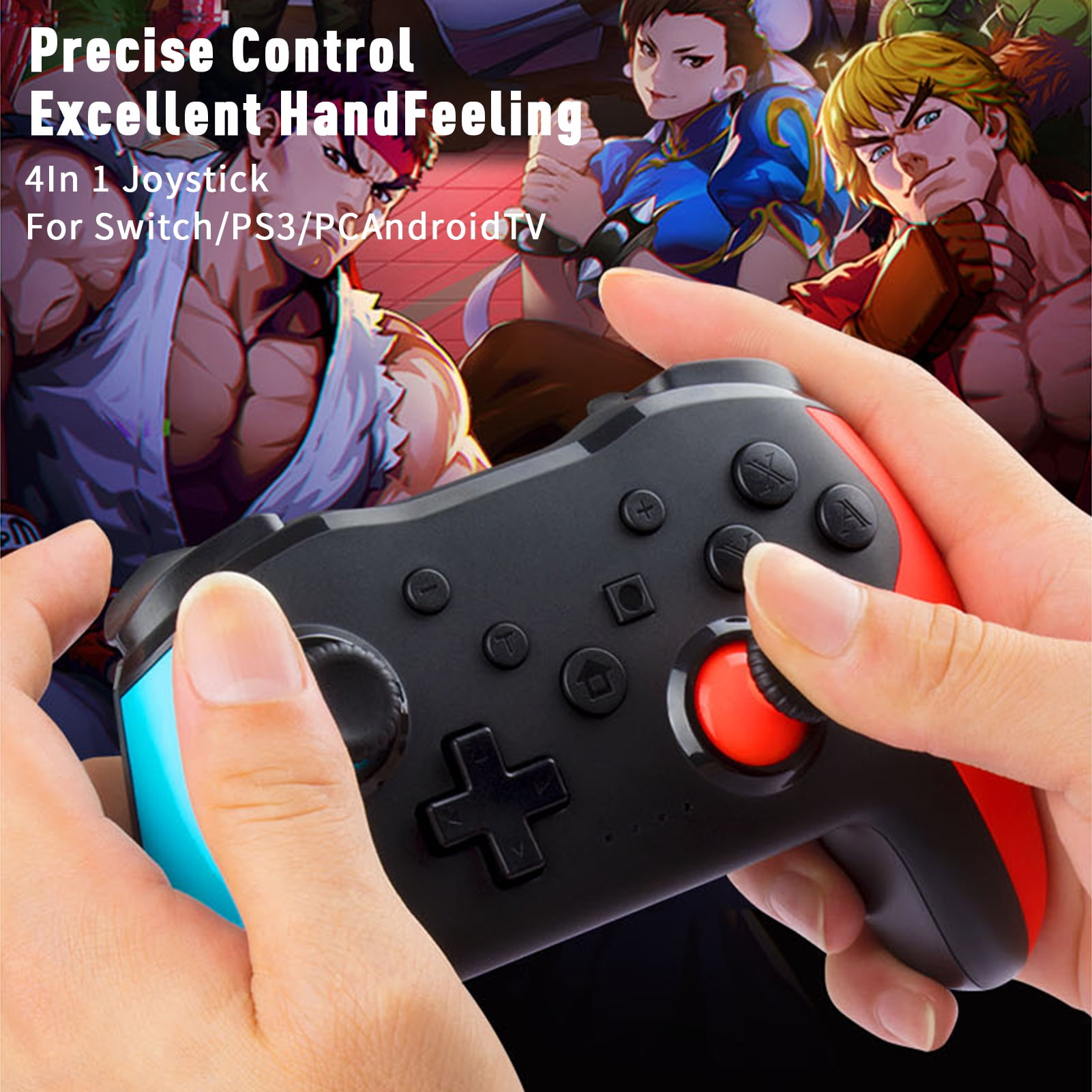 Ein Hände halten einen schwarzen Gaming-Controller vor einer farbenfrohen Anime-Hintergrundgrafik.