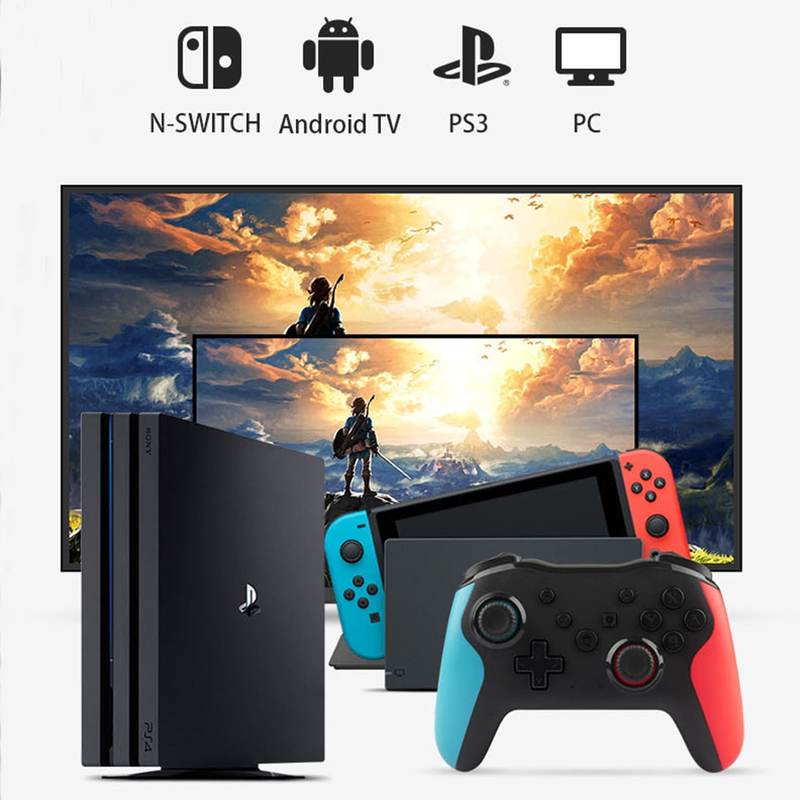 Spielkonsolen, Controller und Bildschirme mit Fantasielandschaft sowie Symbolen für Switch, Android, PS3 und PC.