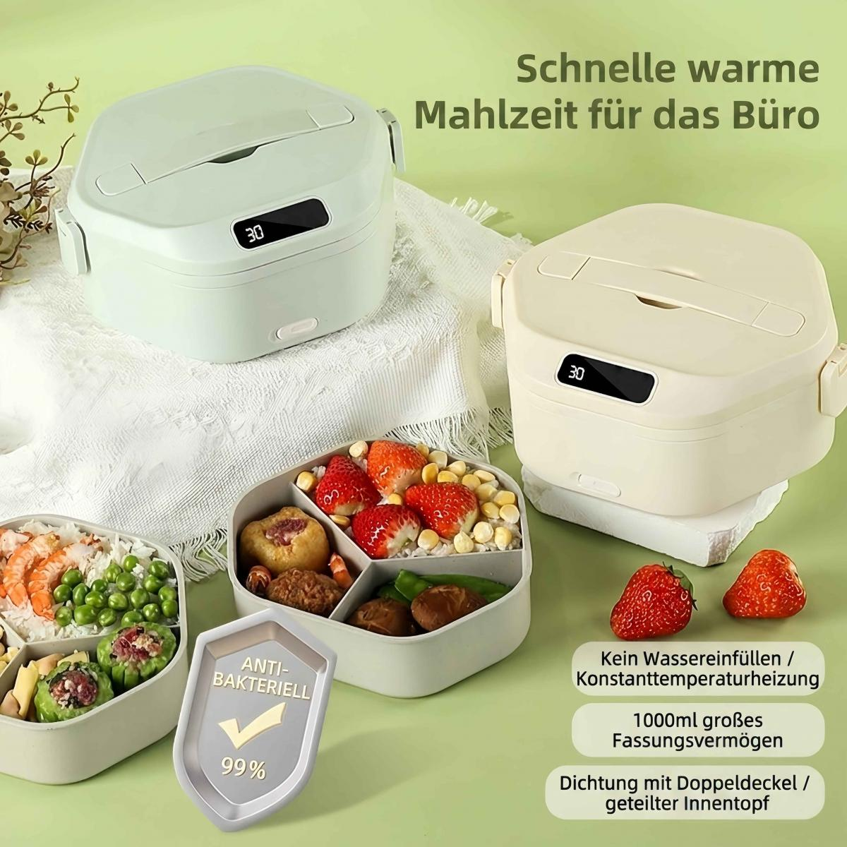 Zwei elektrische Lunchboxen in Mint und Beige mit geteilten Innentöpfen und Essensportionen.