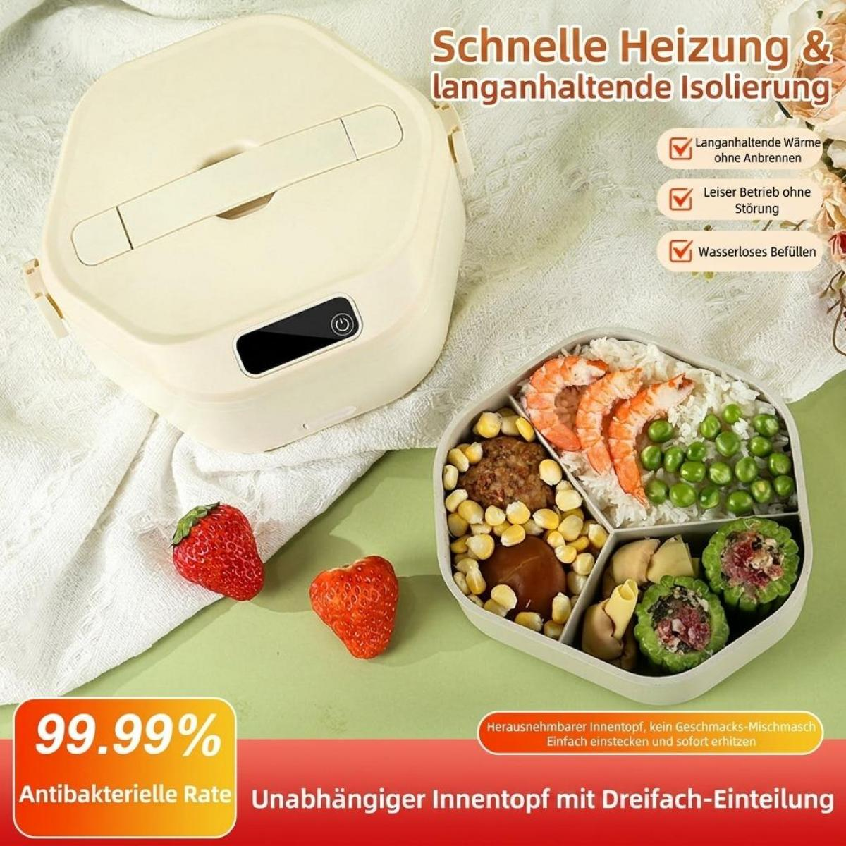 Beige elektrische Lunchbox mit geteiltem Innenbehälter gefüllt mit Reis, Shrimps und Erbsen, daneben Erdbeeren.