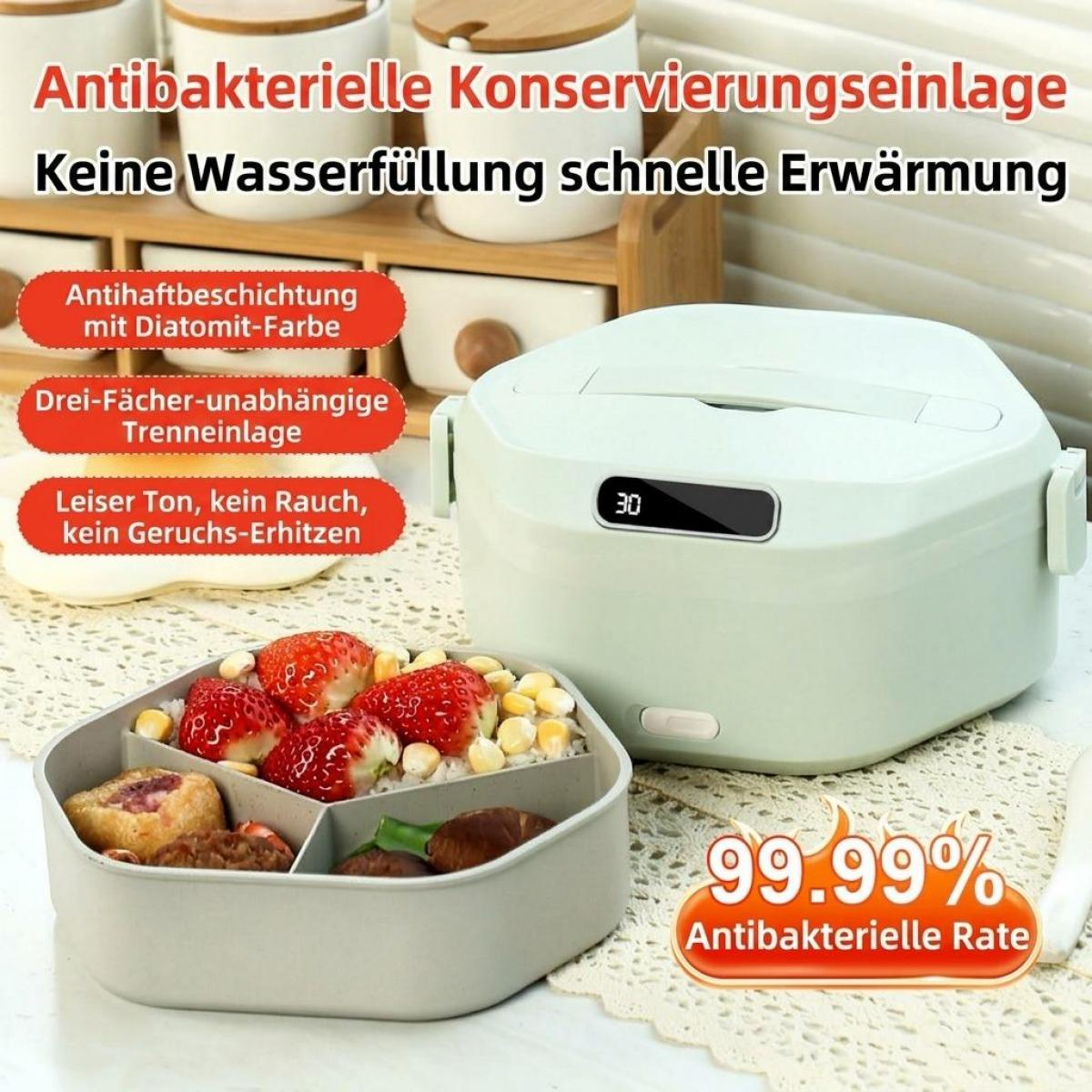 Grüne elektrische Lunchbox mit geteilter Schale voller Erdbeeren und Mais, umgeben von deutschem Werbetext.