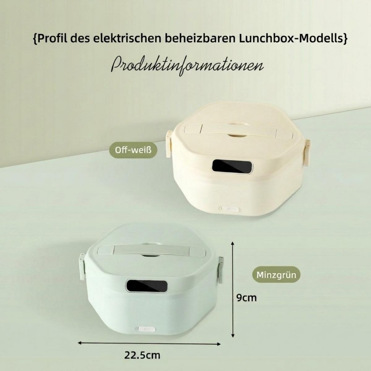 Zwei elektrische Lunchboxen in Off-weiß und Minzgrün auf einer beigen Oberfläche mit Maßangaben.
