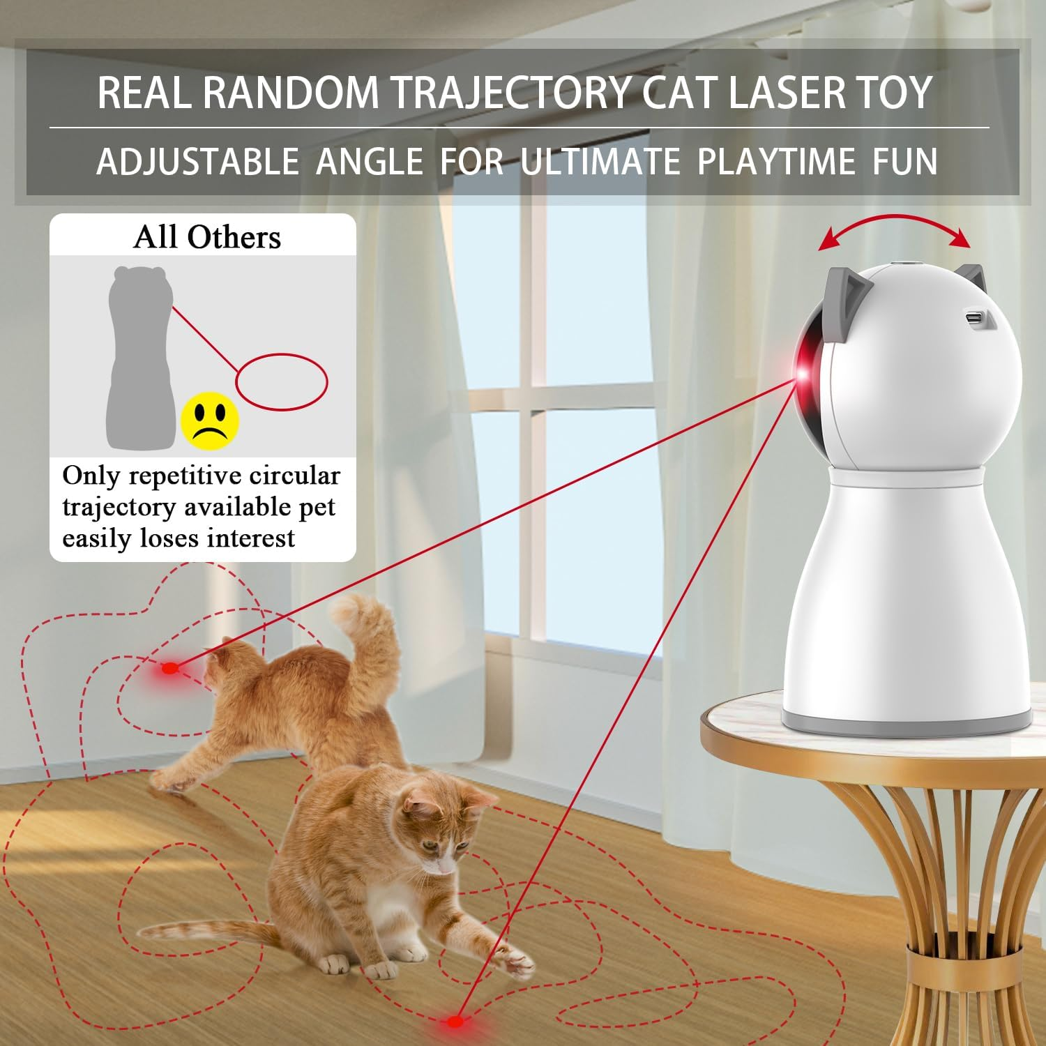 Ein weißes Katzenspielzeug auf einem Tisch projiziert rote Laserstrahlen, während Katzen auf dem Holzboden damit spielen.
