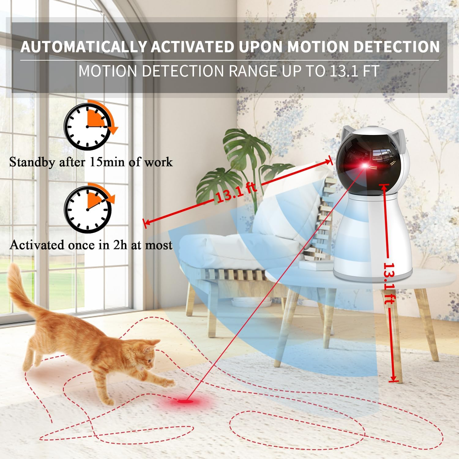 Ein automatisches Katzenspielzeug projiziert einen roten Laser auf den Boden, während ein Kätzchen damit spielt.