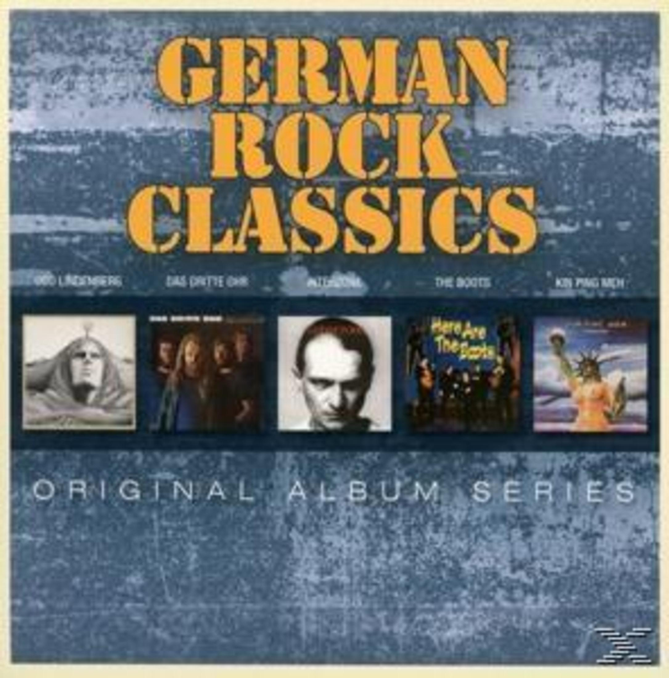 Albumcover von German Rock Classics mit fünf kleineren Plattencovern vor blauem Hintergrund.