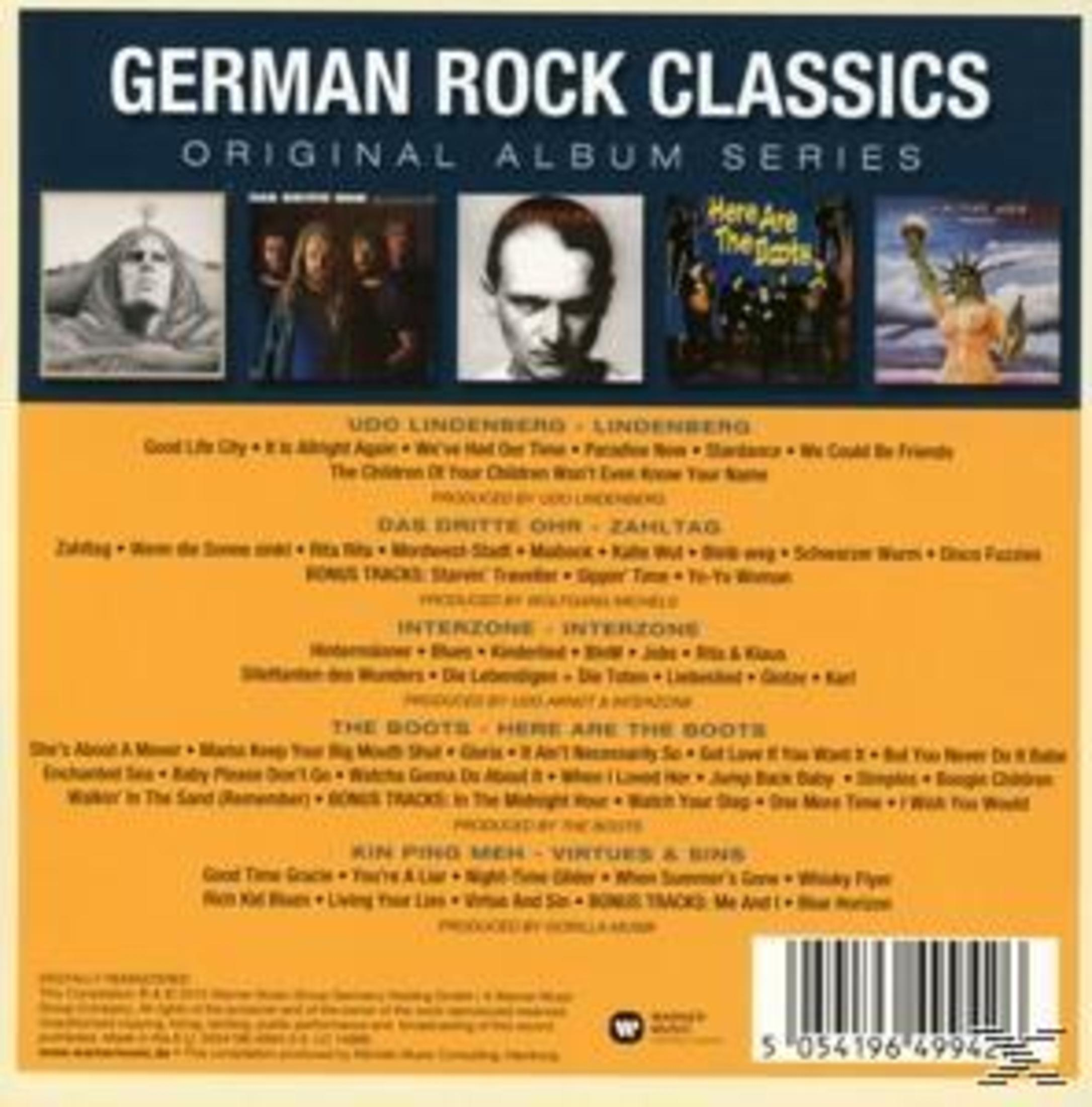 Rückseite des Albums German Rock Classics mit fünf Albumcovern, Titellisten und einem Barcode.