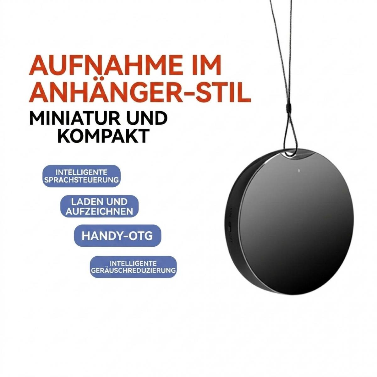 Schwarzes Anhänger-Aufnahmegerät mit Umhängeband und deutschen Texten.