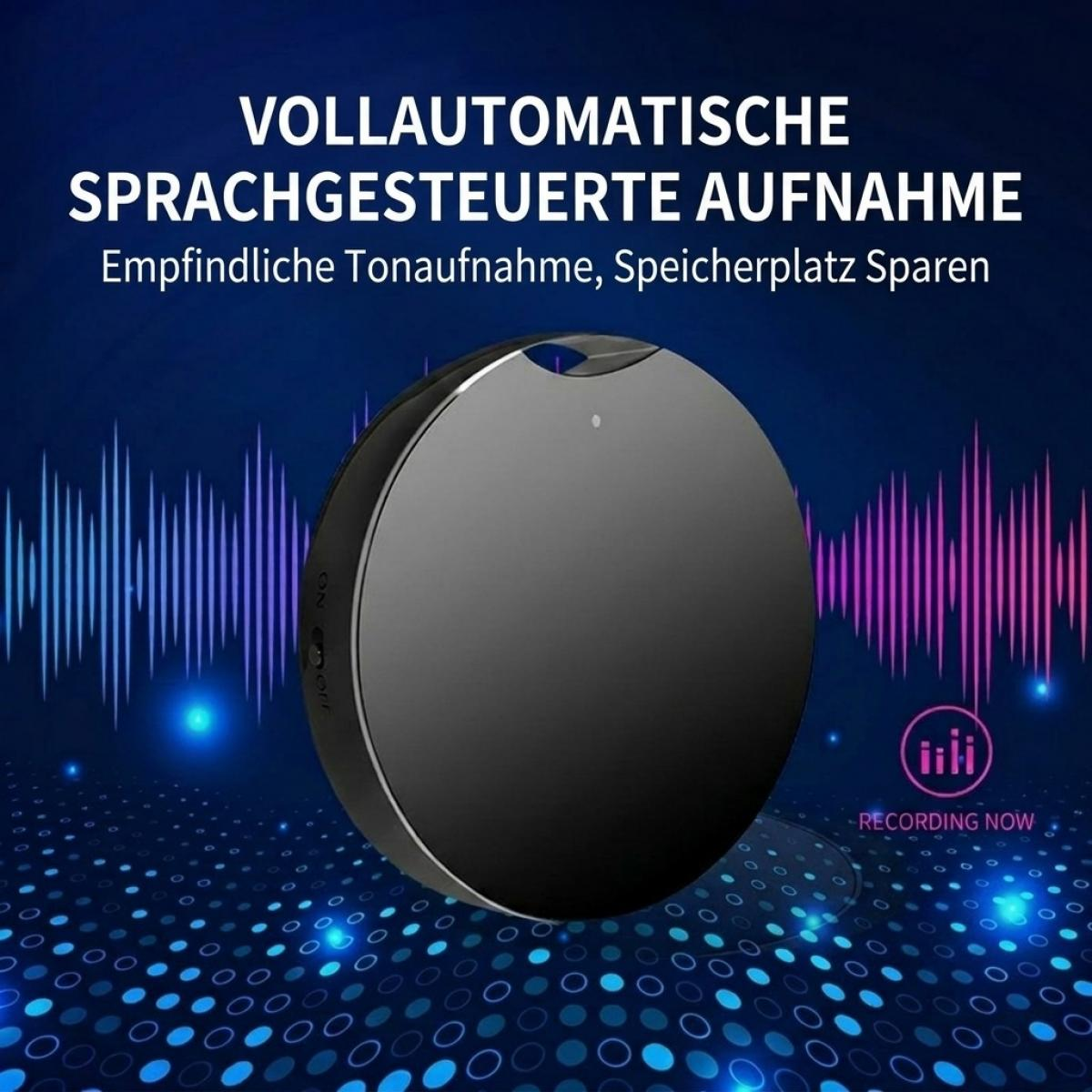 Ein schwarzes rundes Sprachaufnahmegerät vor blauem Wellen- und Punktmusterhintergrund mit deutschem Text.