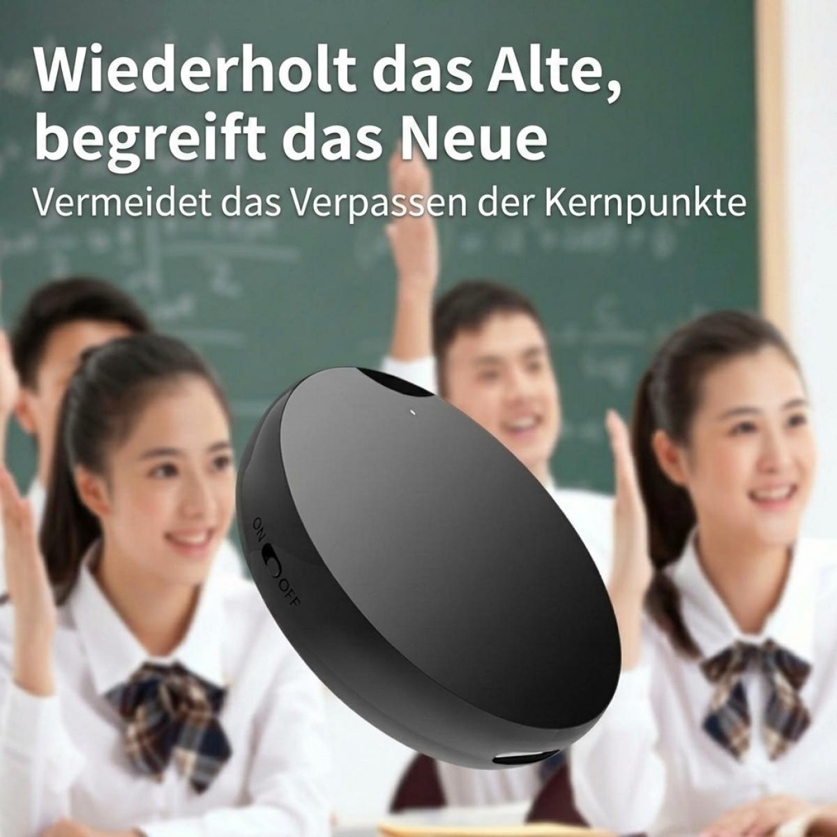 Ein schwarzes rundes Gerät schwebt vor Schülern in einem Klassenzimmer mit deutschem Text.