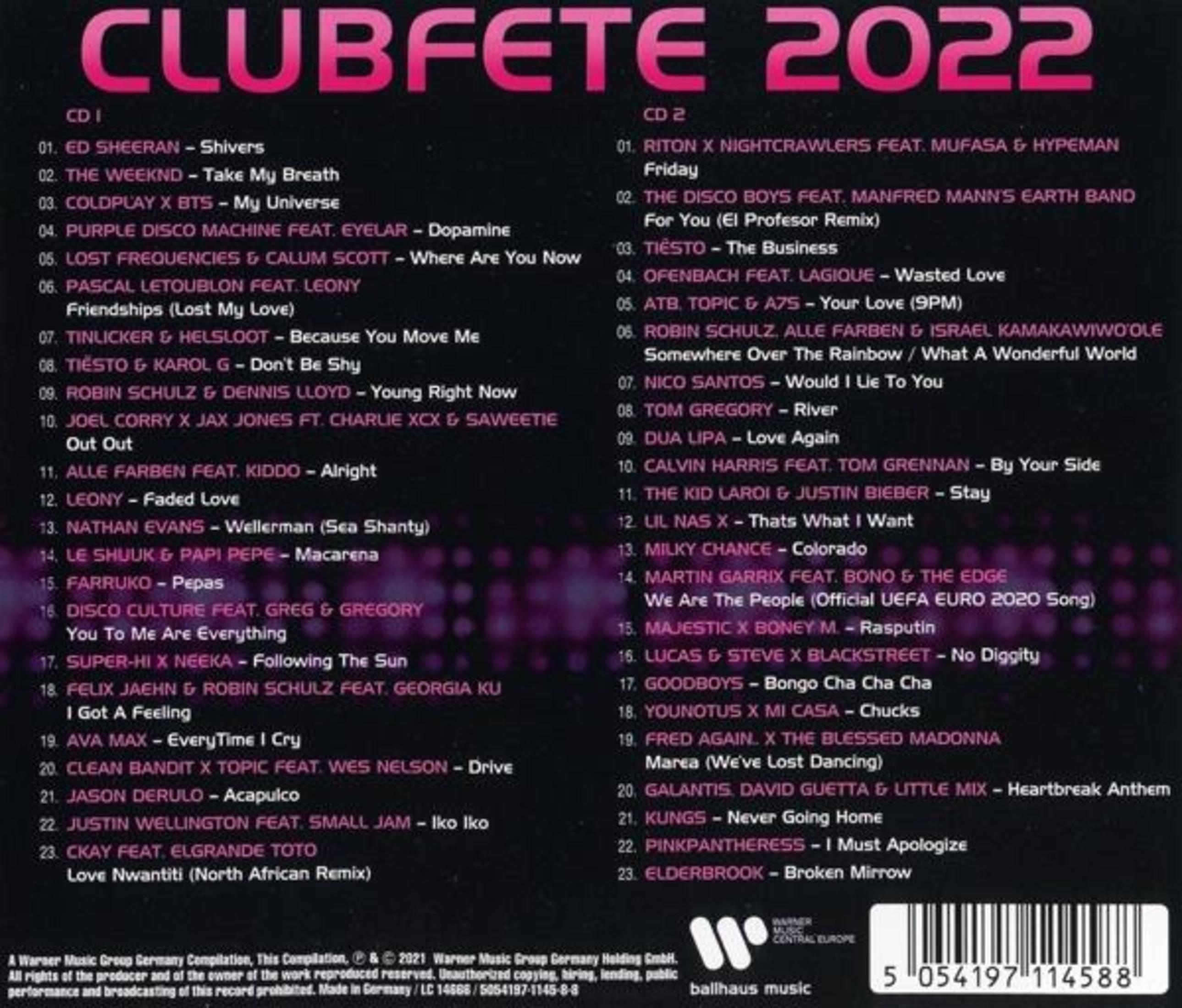 Tracklist der Clubfete 2022 Musik-CD auf schwarzem Hintergrund mit rosa Text und Barcode.