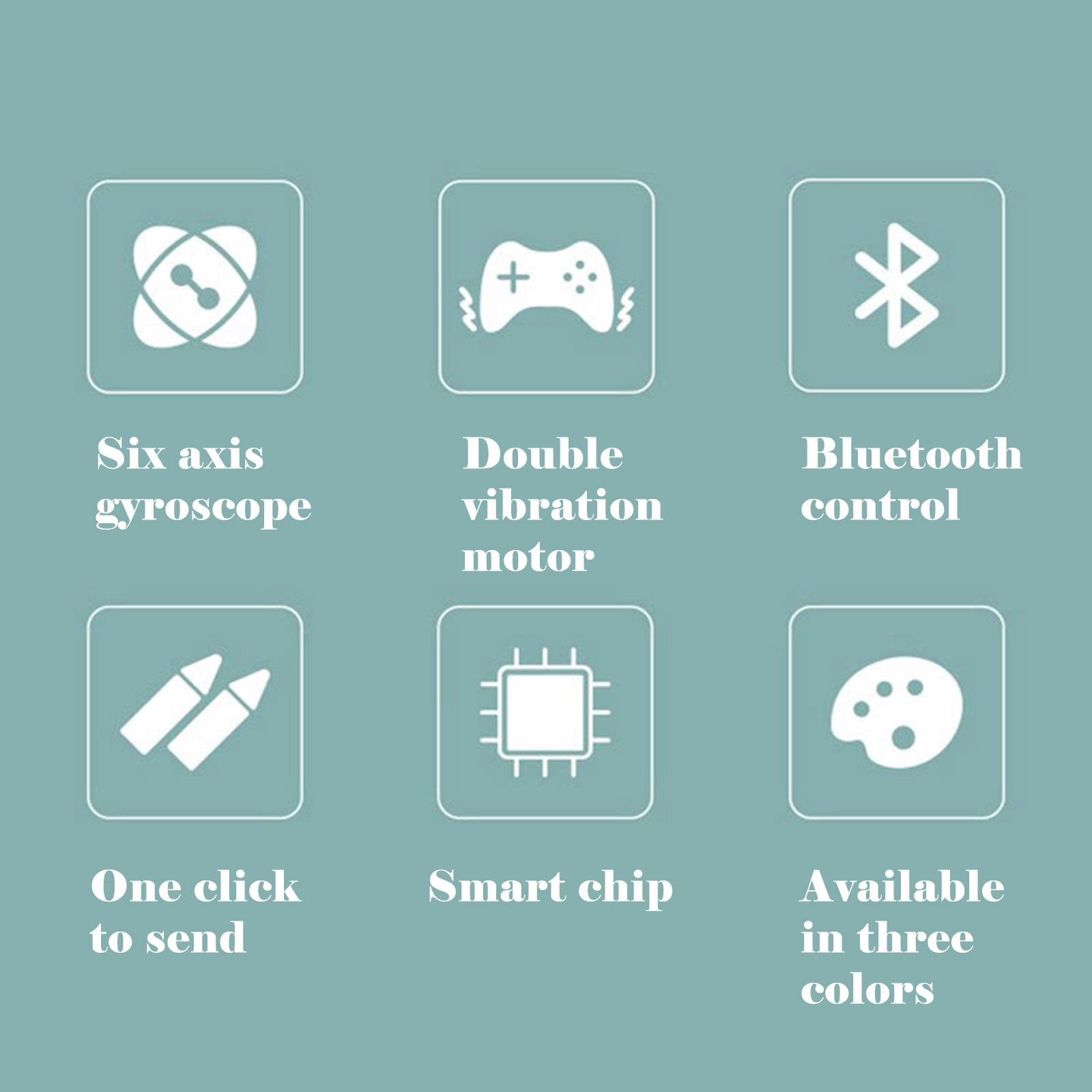 Sechs Icons zeigen Controller-Funktionen auf blauem Hintergrund mit englischem Text.